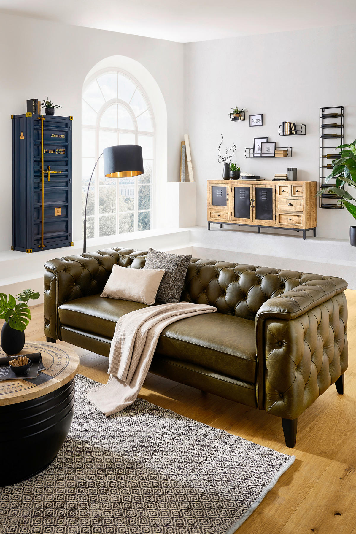 CHESTERFIELD-SOFA  in Echtleder Grün  - Schwarz/Grün, LIFESTYLE, Leder/Holz (220/77/91cm) - Ambia Home