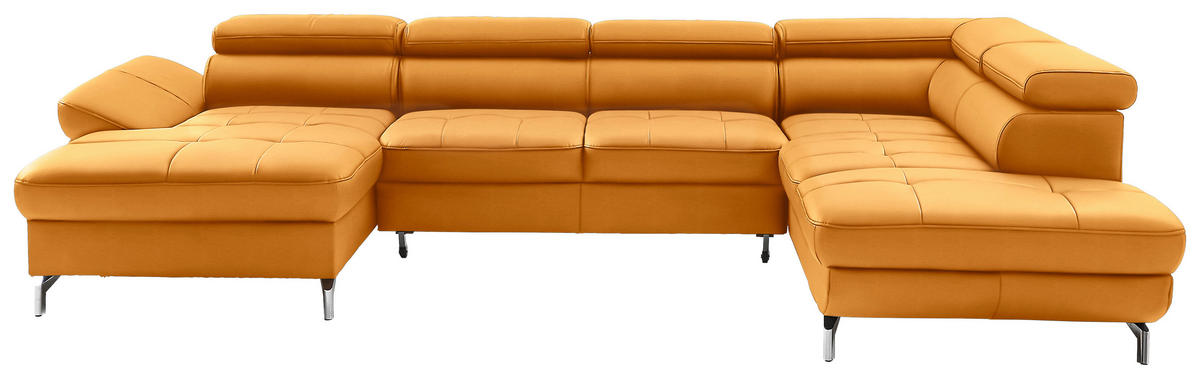 WOHNLANDSCHAFT  in Echtleder Currygelb  - Currygelb/Silberfarben, Design, Leder/Metall (170/340/220cm) - Novel