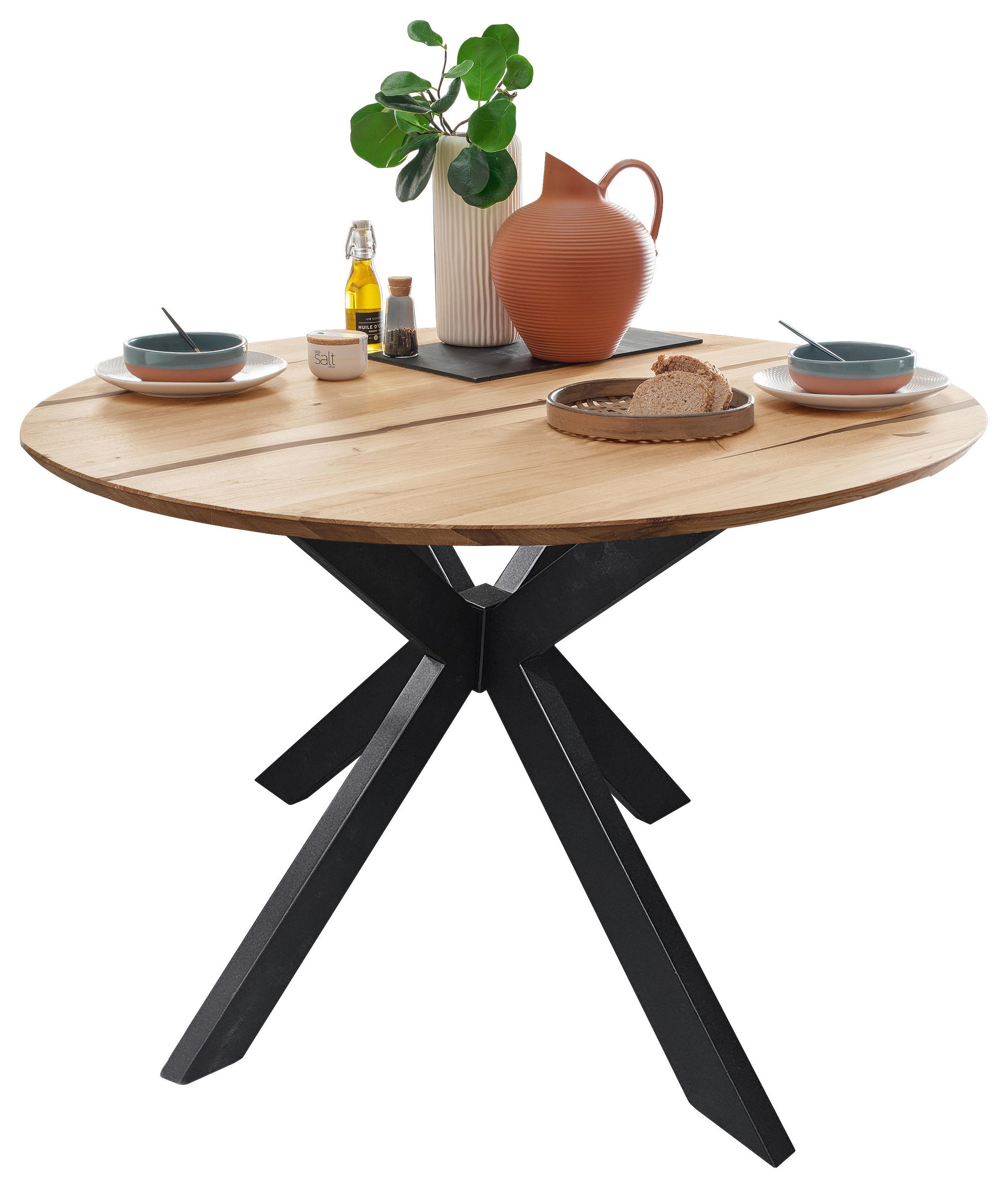 MATBORD 160/160/75 cm massivt trä  trä, metall rund svart, vildek  - vildek/svart, Natur, metall/trä (160/160/75cm) - Linea Natura