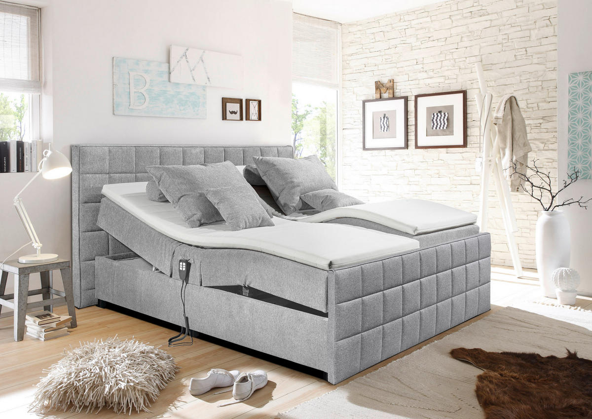 POLSTERBETT 180/200 cm, inkl. gepolstertes Kopfteil, Topper, motorische Verstellbarkeit,  in Hellgrau  - Hellgrau/Schwarz, Design, Kunststoff/Textil (180/200cm) - Esposa