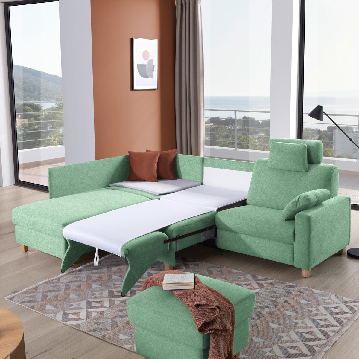 ECKSOFA in Flachgewebe Mintgrün  203/261 cm  - Eichefarben/Mintgrün, KONVENTIONELL, Holz/Textil (203/261cm) - Sedda