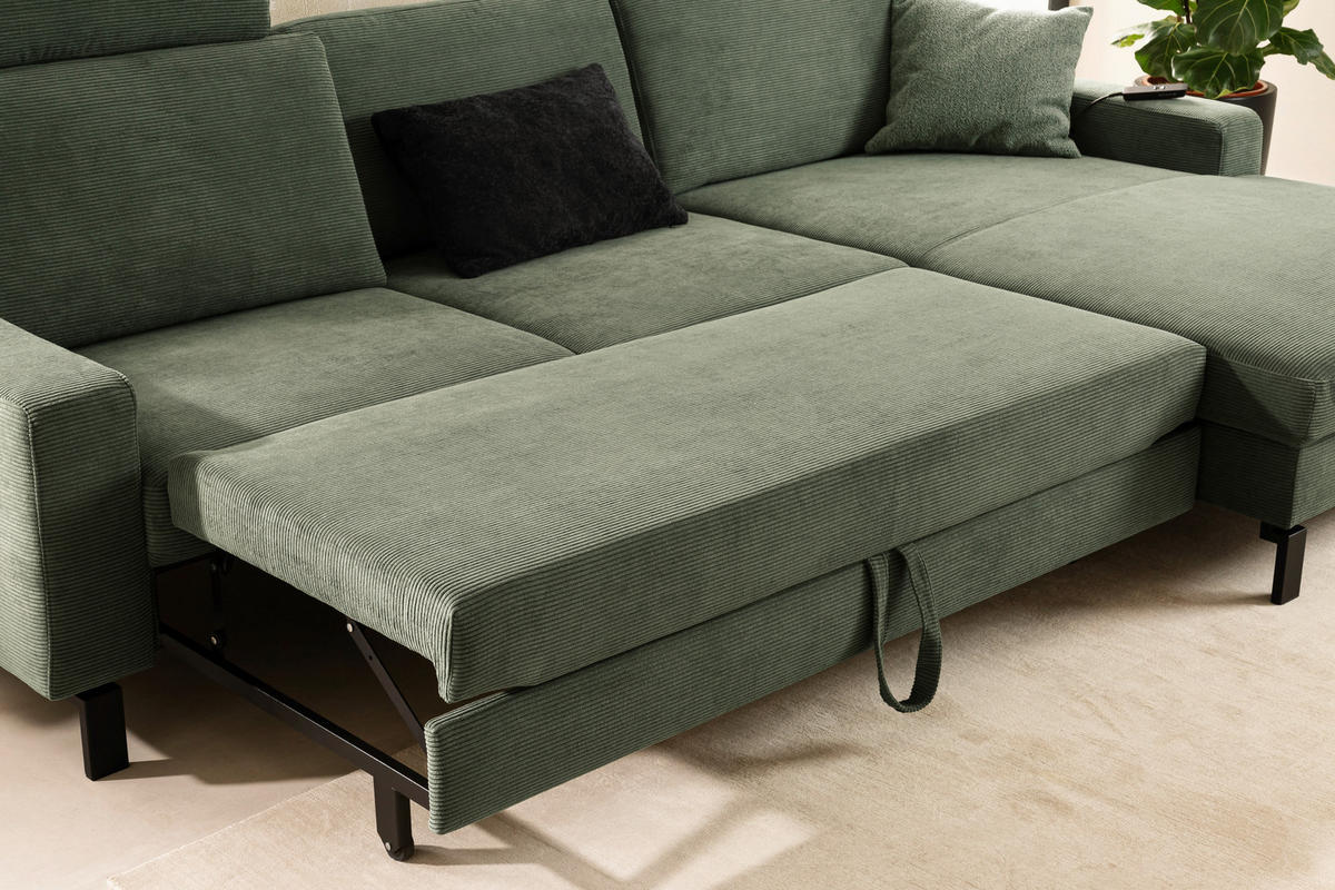ECKSOFA in Cord Olivgrün  - Schwarz/Olivgrün, Design, Textil/Metall (298/185cm) - Pure Home Lifestyle