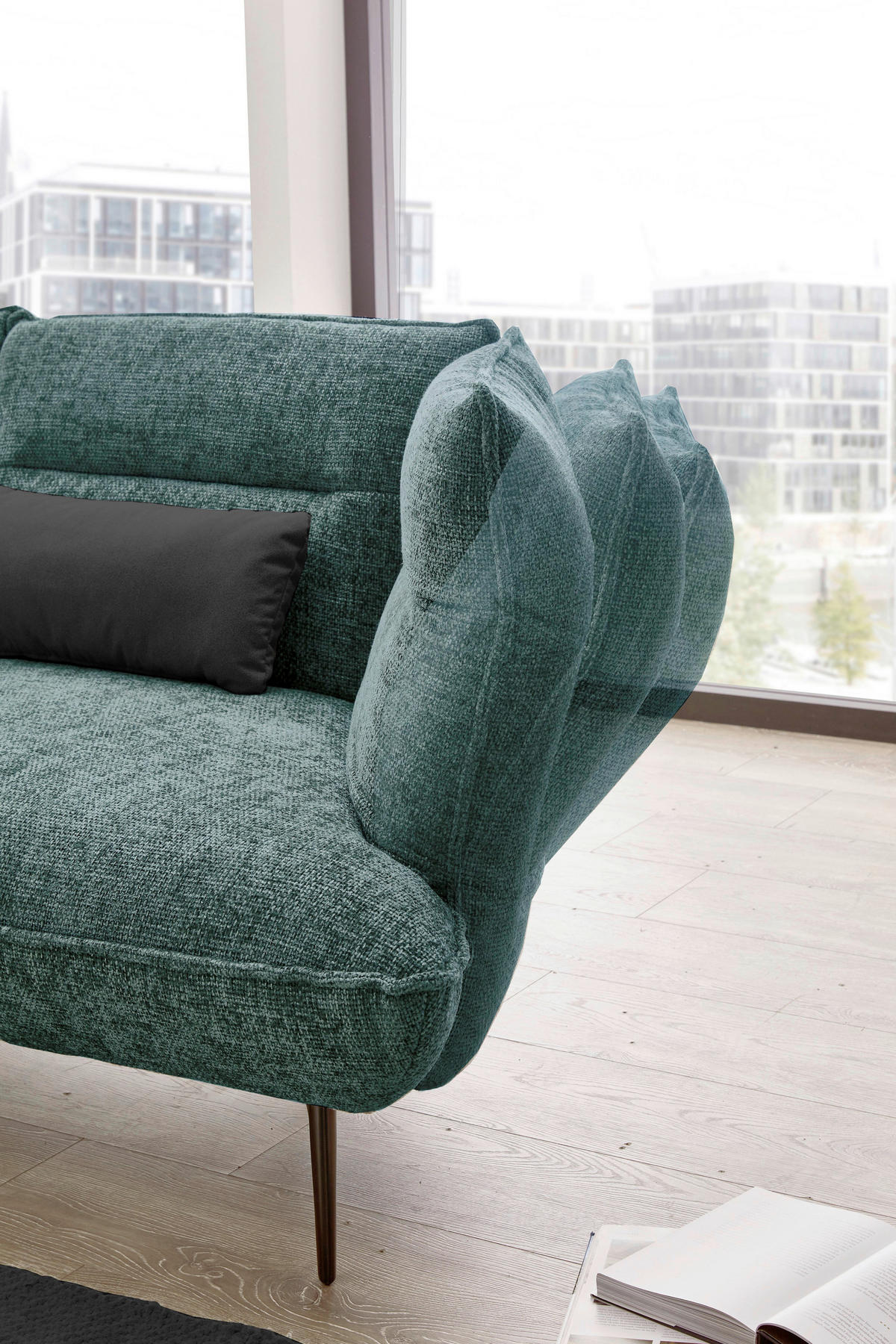 ECKSOFA in Flachgewebe Blau, Grün  - Blau/Schwarz, Design, Textil/Metall (153/339cm) - Moderano