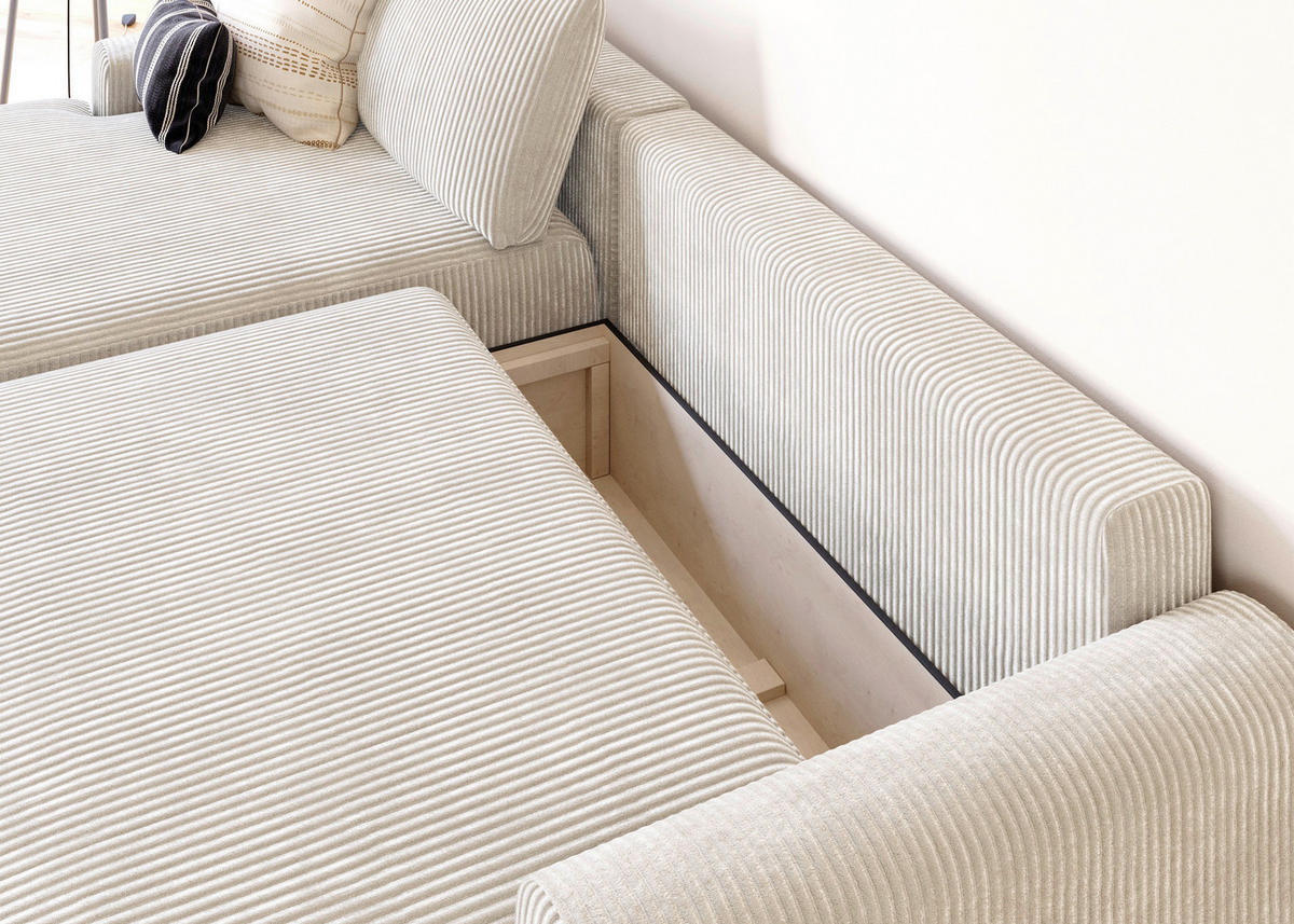 ECKSCHLAFSOFA in Cord Creme  - Creme/Schwarz, Modern, Kunststoff/Textil (167/253cm) - Trendmanufaktur