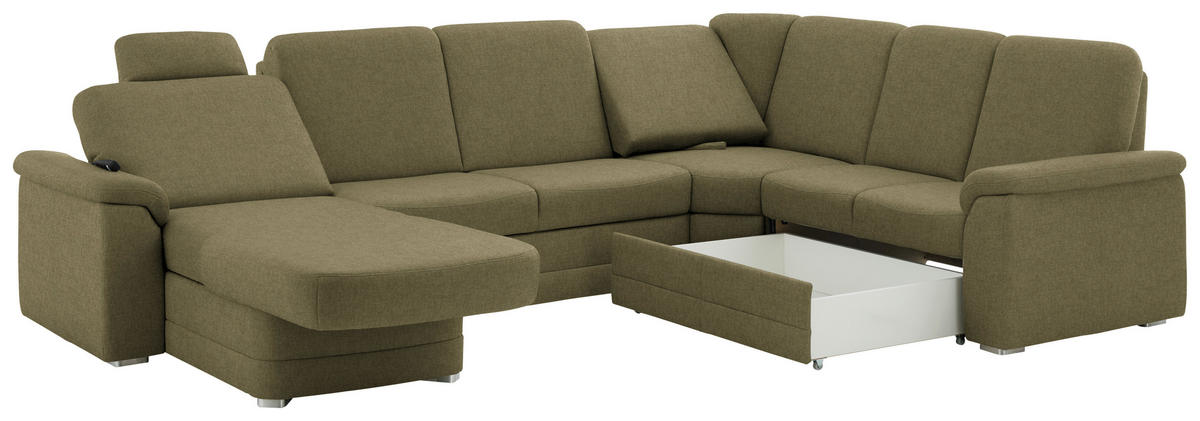 WOHNLANDSCHAFT  in Chenille Schilfgrün  - Schilfgrün/Alufarben, KONVENTIONELL, Holz/Textil (160/329/235cm) - Beldomo Comfort