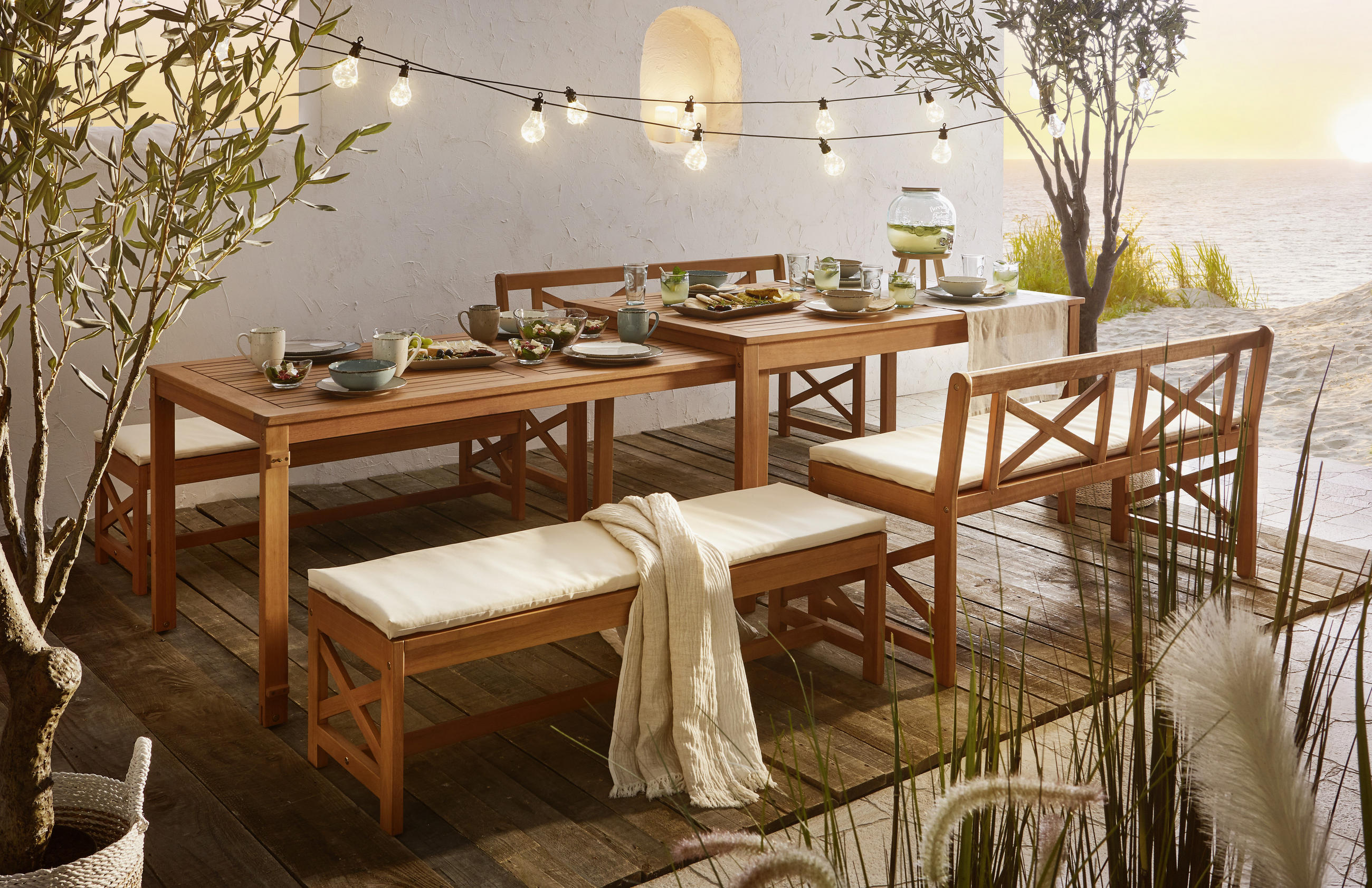 GARTENSET Eukalyptusholz Hartholz - Weiß/Teakfarben, Natur, Holz/Textil - Ambia Garden