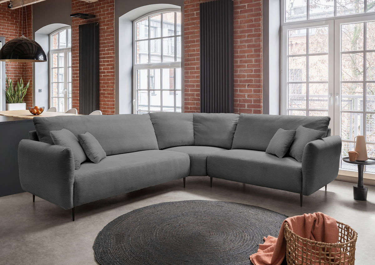 ECKSOFA Grau Cord  - Schwarz/Grau, Design, Textil/Metall (294/256cm) - Livetastic