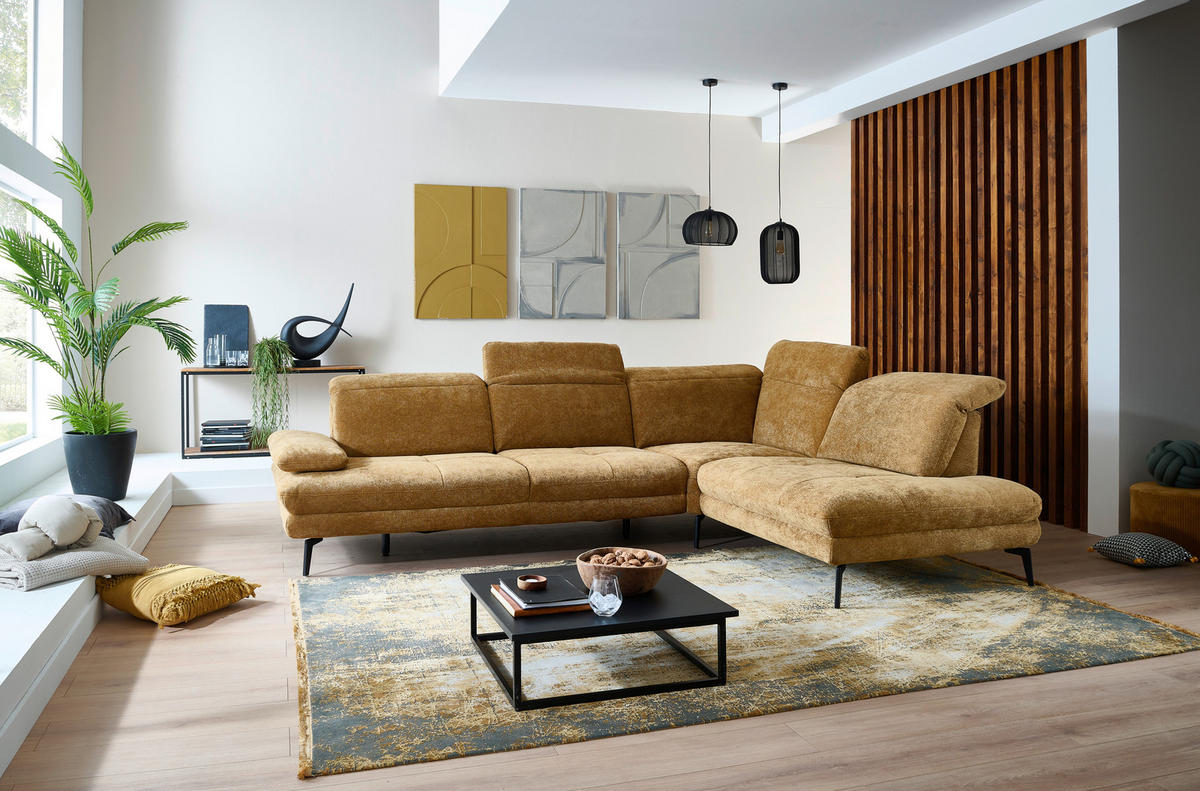 ECKSOFA Beldomo System Dunkelgelb Chenille Rücken echt, Kopfteilverstellung  - Dunkelgelb/Schwarz, Design, Textil/Metall (311/235cm) - Beldomo System