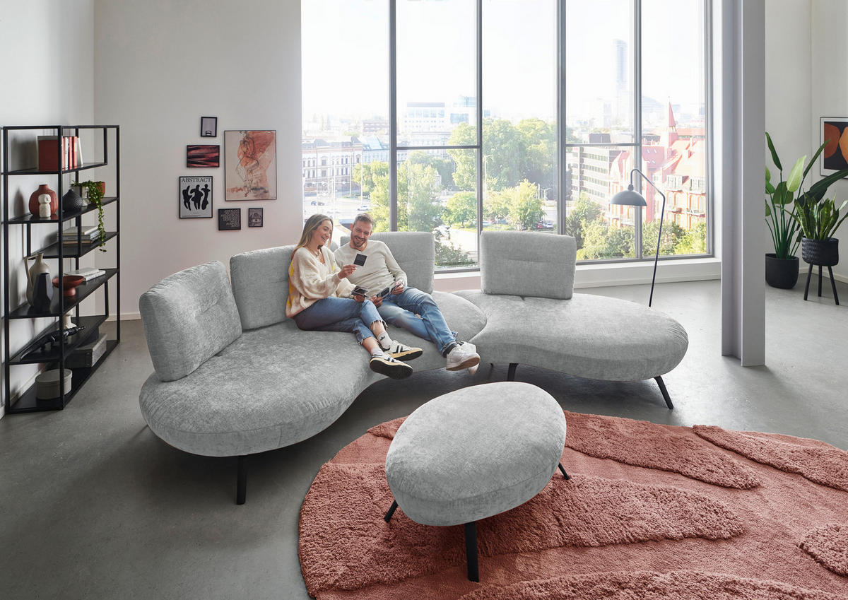 BIGSOFA Flachgewebe Hellgrau  - Hellgrau/Schwarz, Design, Textil/Metall (456/93/138cm) - Moderano