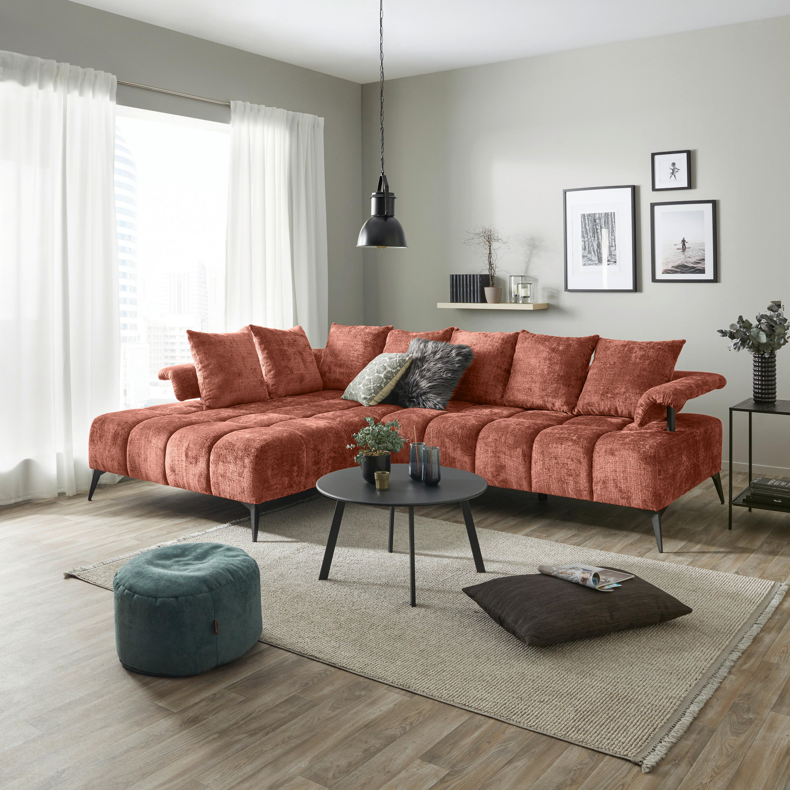 ECKSOFA in Flachgewebe Rostfarben  - Rostfarben/Schwarz, Modern, Kunststoff/Textil (200/297cm) - Livetastic