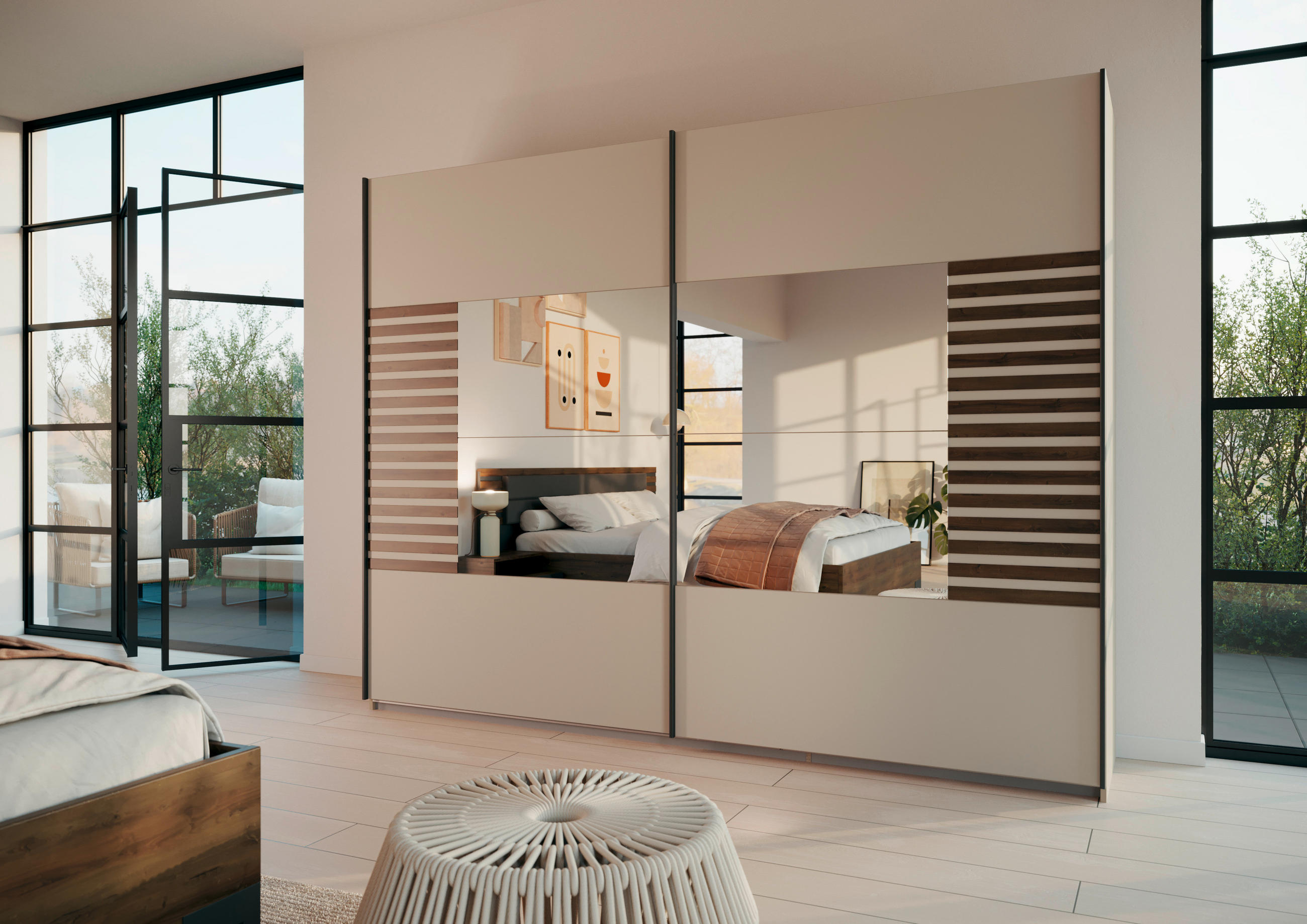 Thumbnail - Rauch Möbel Schwebetürenschrank, Champagner, Eiche dunkel, Metall, 3 Fächer, 271x210x62 cm, Blauer Engel, Goldenes M, Ma...