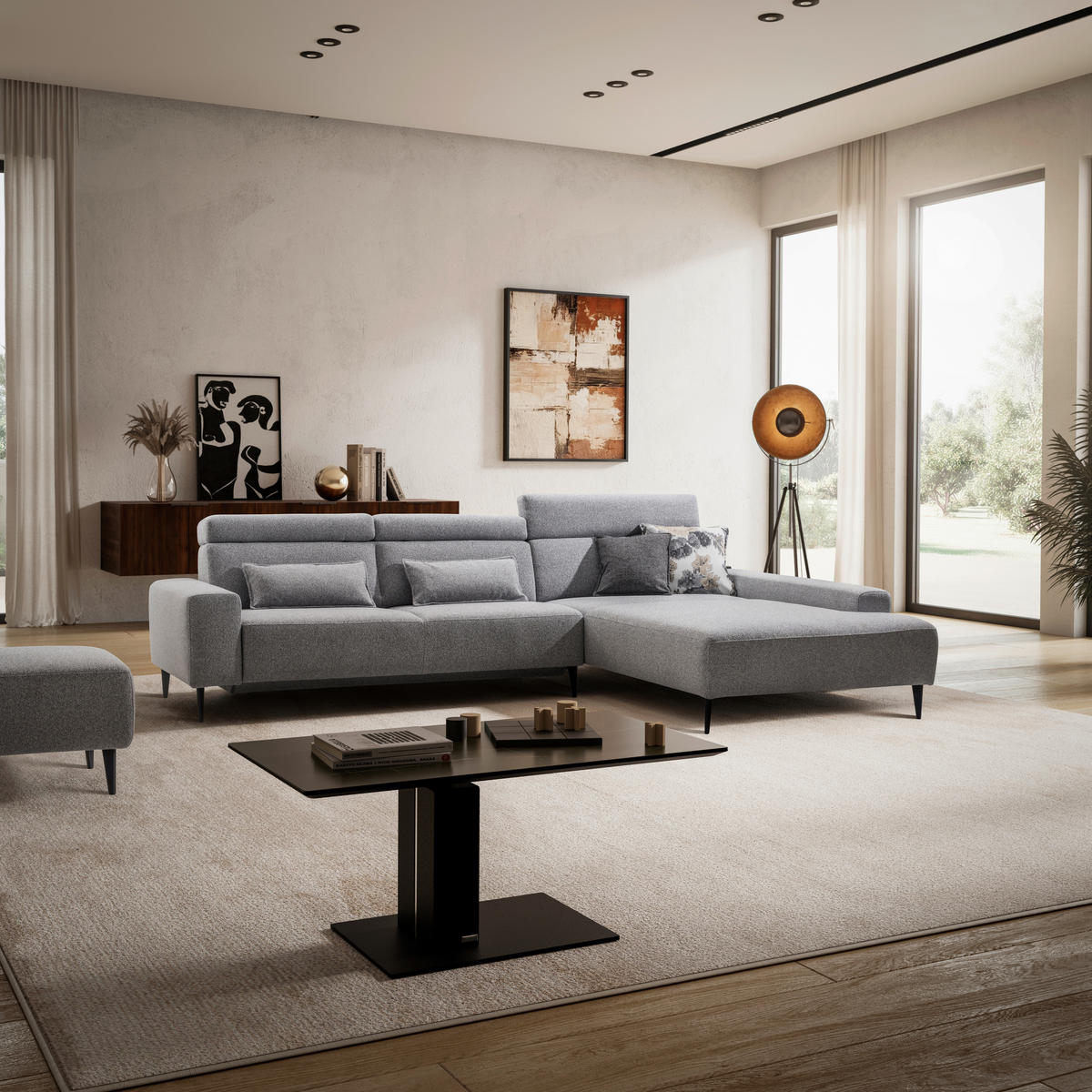 ECKSOFA  in Flachgewebe Grau  308/205 cm  - Schwarz/Grau, Design, Textil/Metall (308/205cm) - Sedda