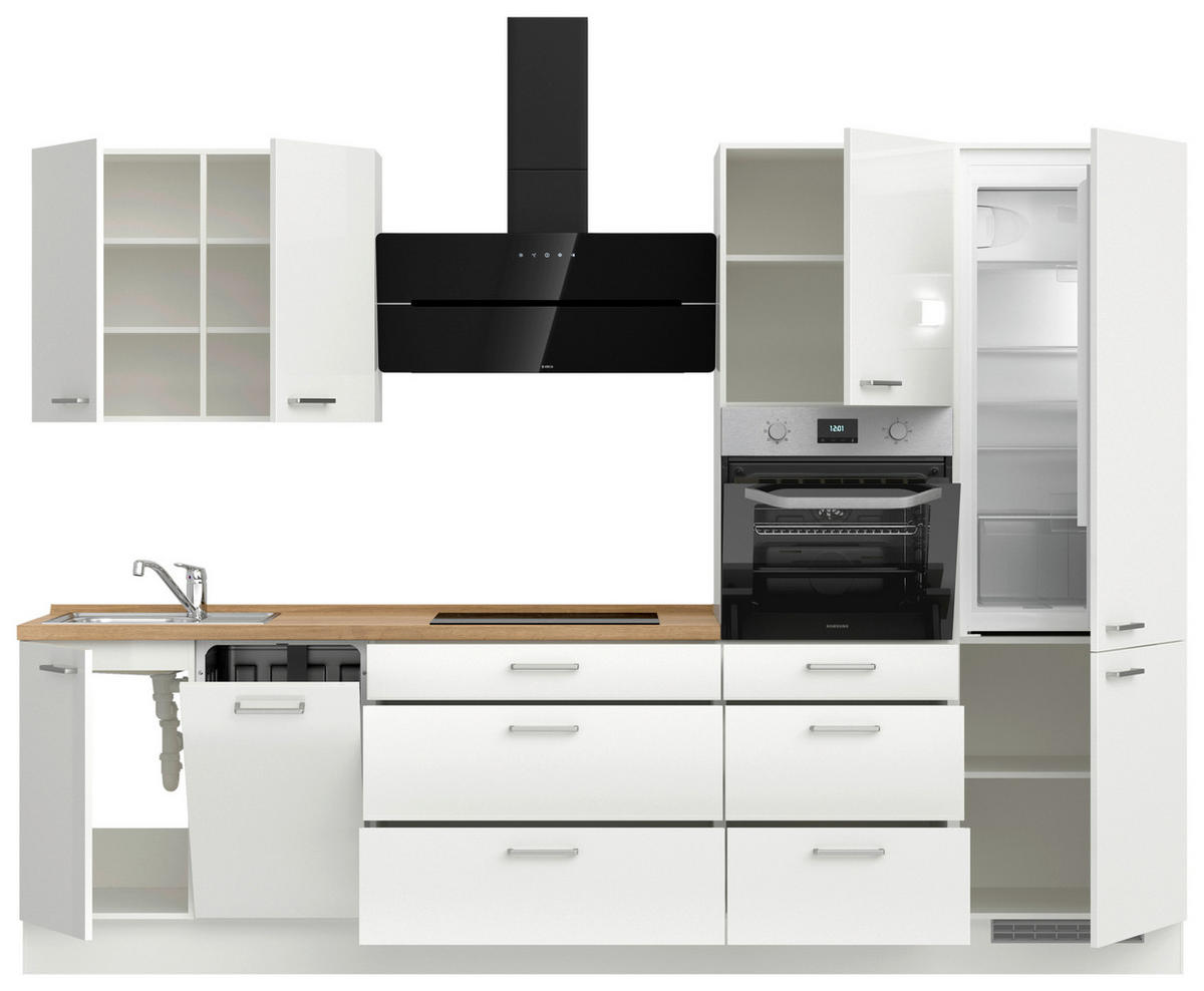 KÜCHENLEERBLOCK 300 cm   in Eichefarben, Weiß Hochglanz  - Edelstahlfarben/Eichefarben, MODERN, Holzwerkstoff/Metall (300cm) - Nobilia