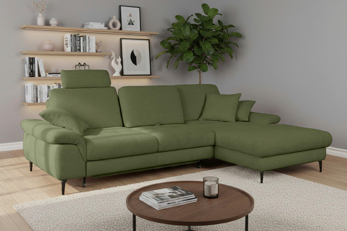 ECKSOFA ALMA in Chenille Grün  285/191 cm  - Schwarz/Grün, Design, Textil/Metall (285/191cm) - Livetastic