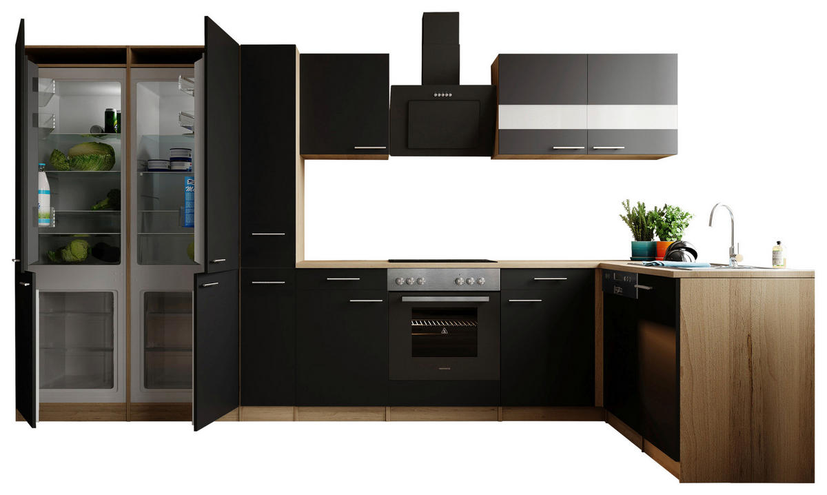 ECKKÜCHE Merle 370/172 cm  in Schwarz  - Edelstahlfarben/Eichefarben, Trend, Holzwerkstoff/Metall (370/172cm) - Respekta