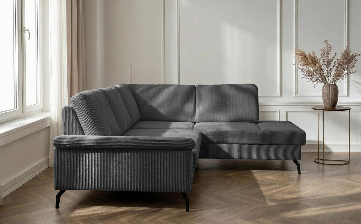 ECKSOFA Anthrazit Velours Bettkasten, Sitzvorzug  - Anthrazit/Schwarz, KONVENTIONELL, Textil/Metall (253/206cm) - Venda