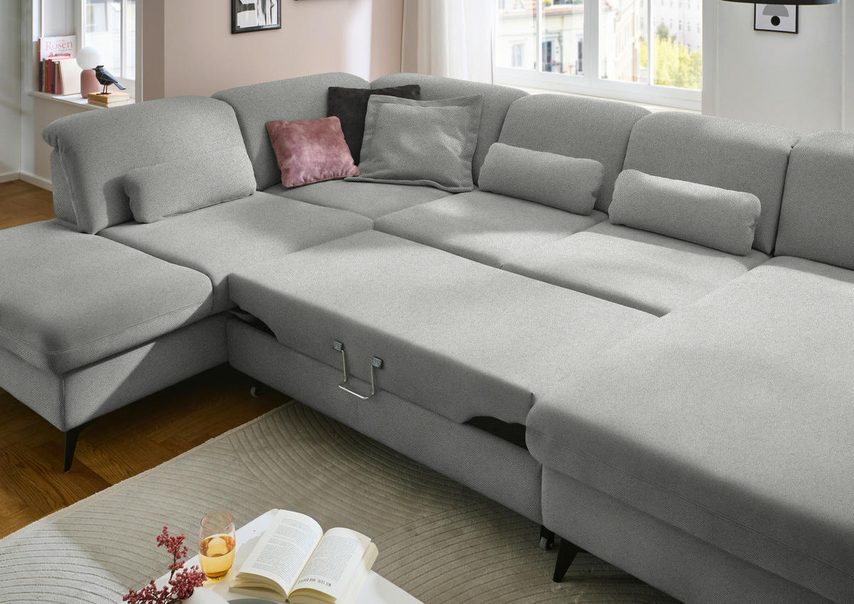 WOHNLANDSCHAFT Chenille Greige  - Greige/Schwarz, Design, Textil/Metall (255/369/198cm) - Beldomo Style