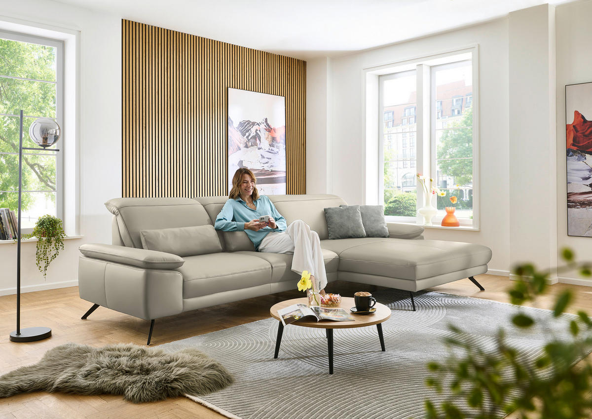 ECKSOFA in Echtleder Ecru  - Ecru/Schwarz, Design, Leder/Metall (332/193cm) - Dieter Knoll