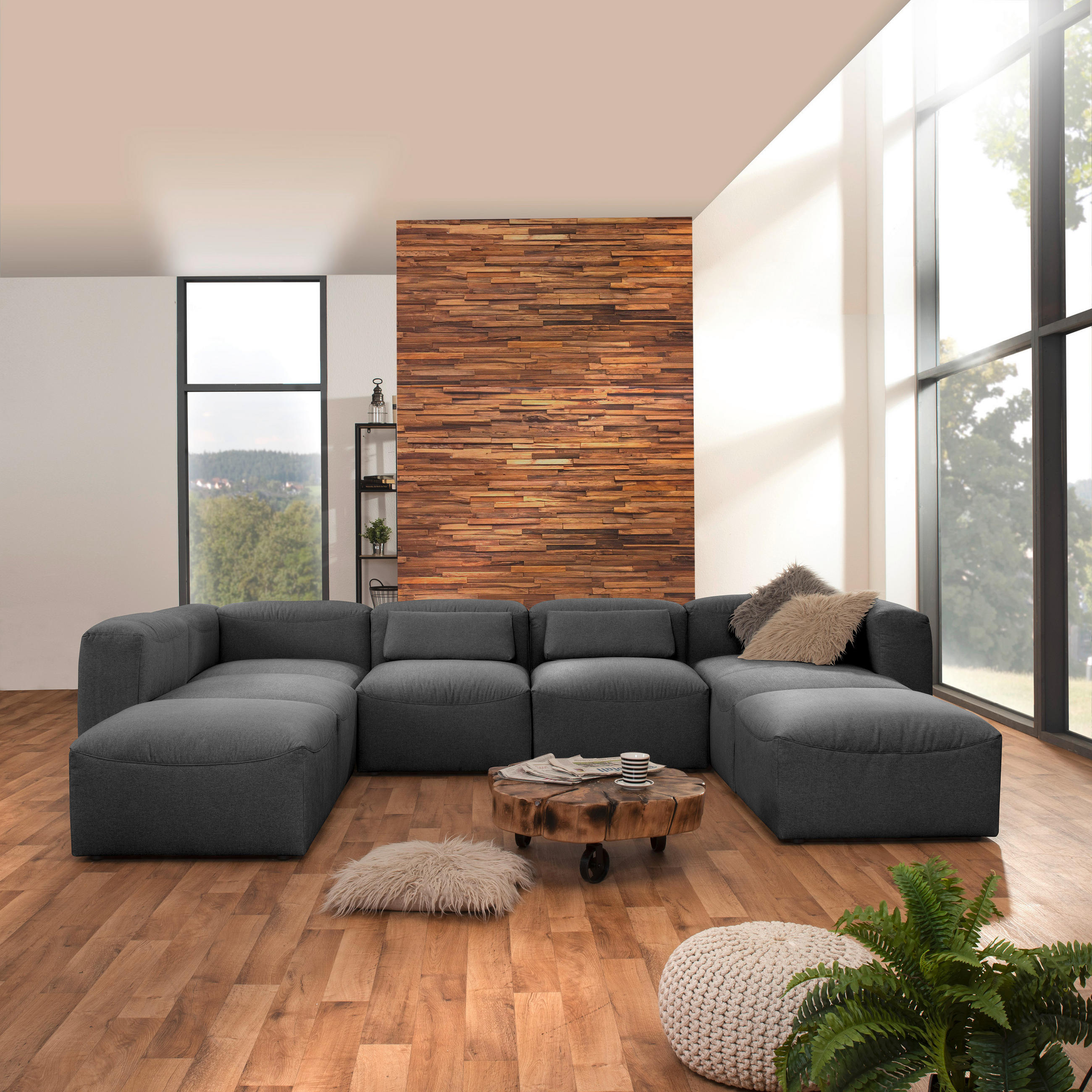 WOHNLANDSCHAFT Anthrazit Flachgewebe  - Anthrazit, Design, Kunststoff/Textil (250/350/235cm) - Max Winzer