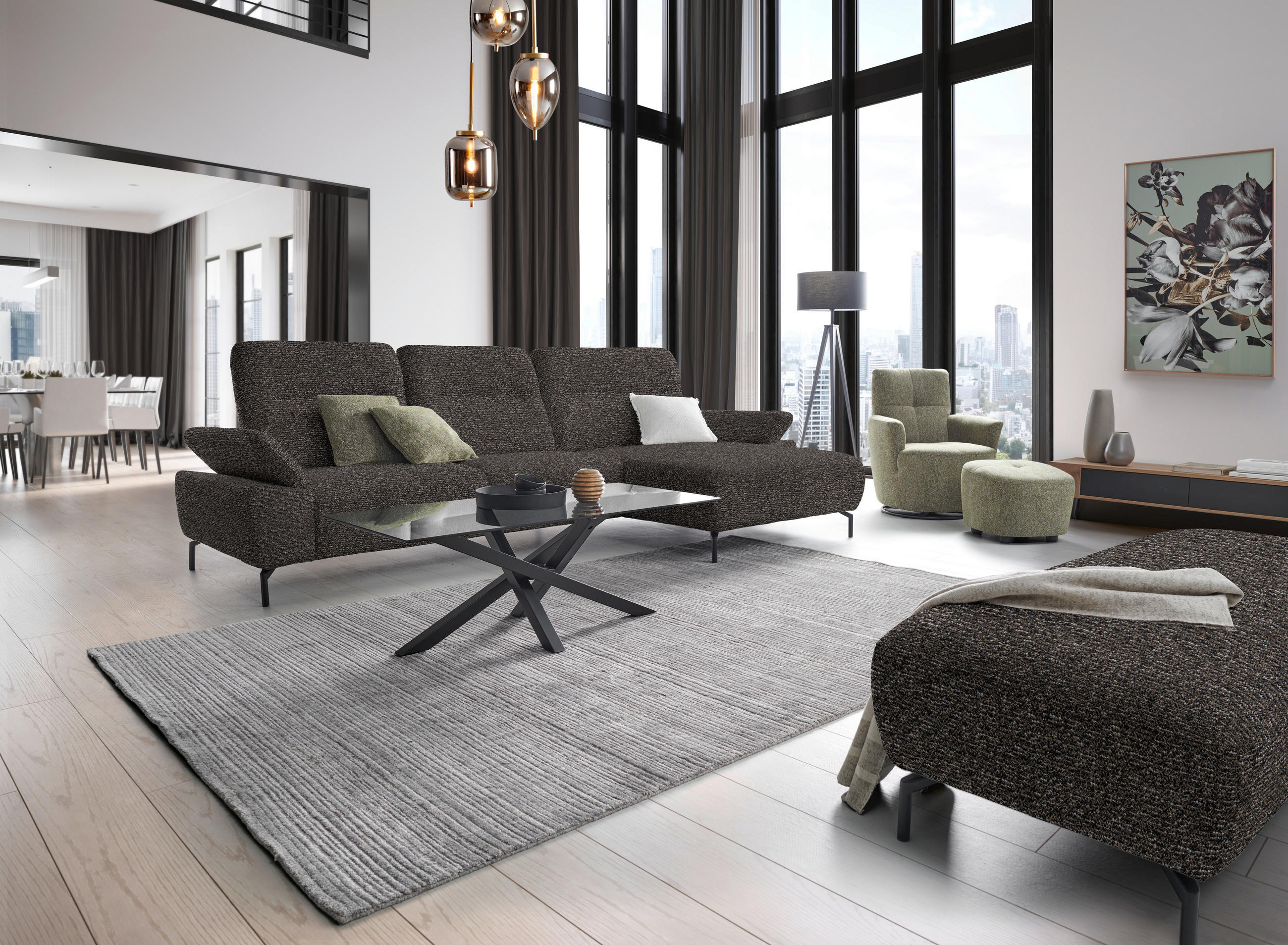 ECKSOFA  in Chenille, Flachgewebe Dunkelgrün, Graubraun  318/165 cm  - Dunkelgrün/Graubraun, Design, Textil/Metall (318/165cm) - Xora