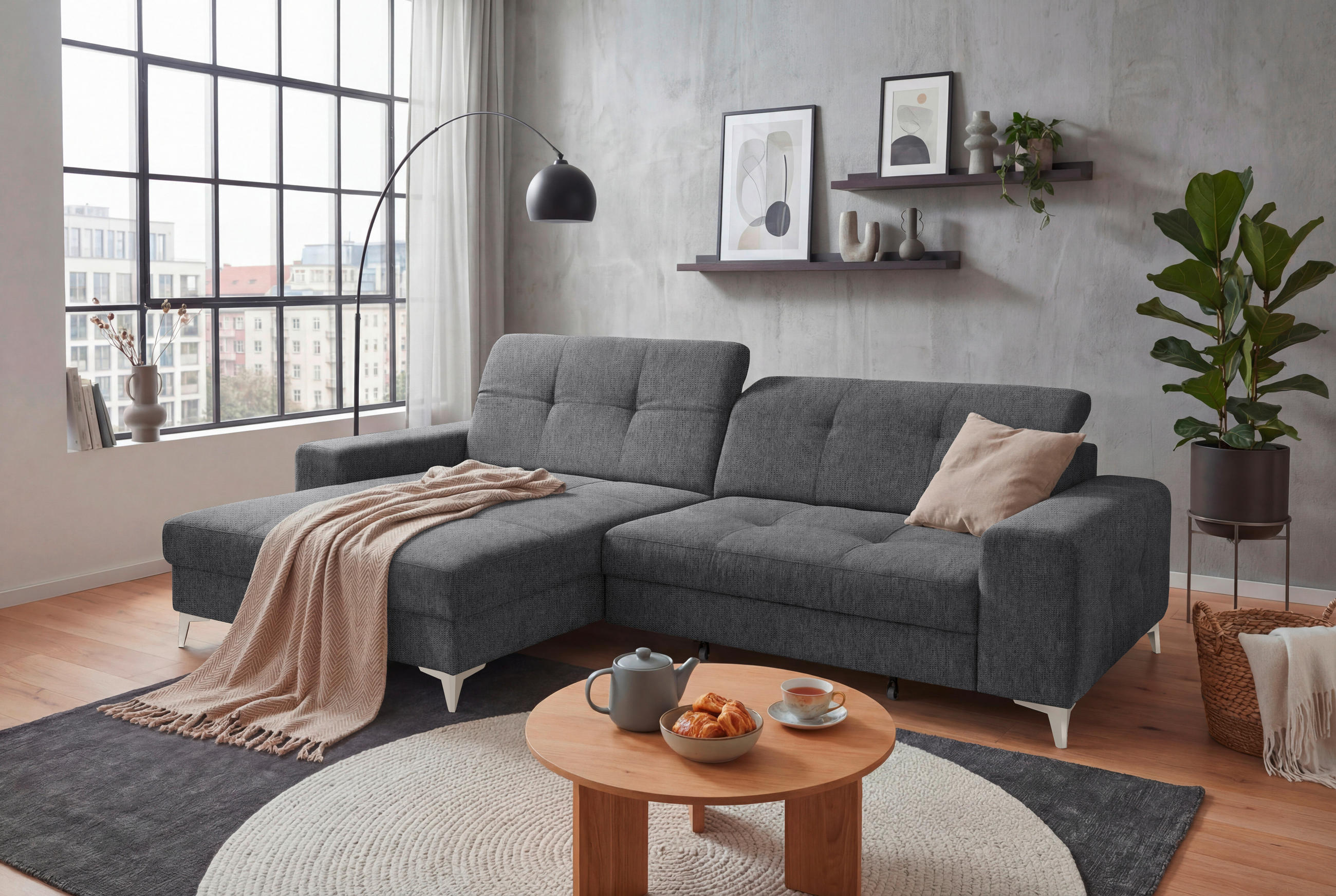 ECKSOFA SORELLA Anthrazit Mikrovelours Kopfteilverstellung, Sitztiefenverstellung  - Kaschmir/Anthrazit, Design, Kunststoff/Textil (182/328cm) - MID.YOU
