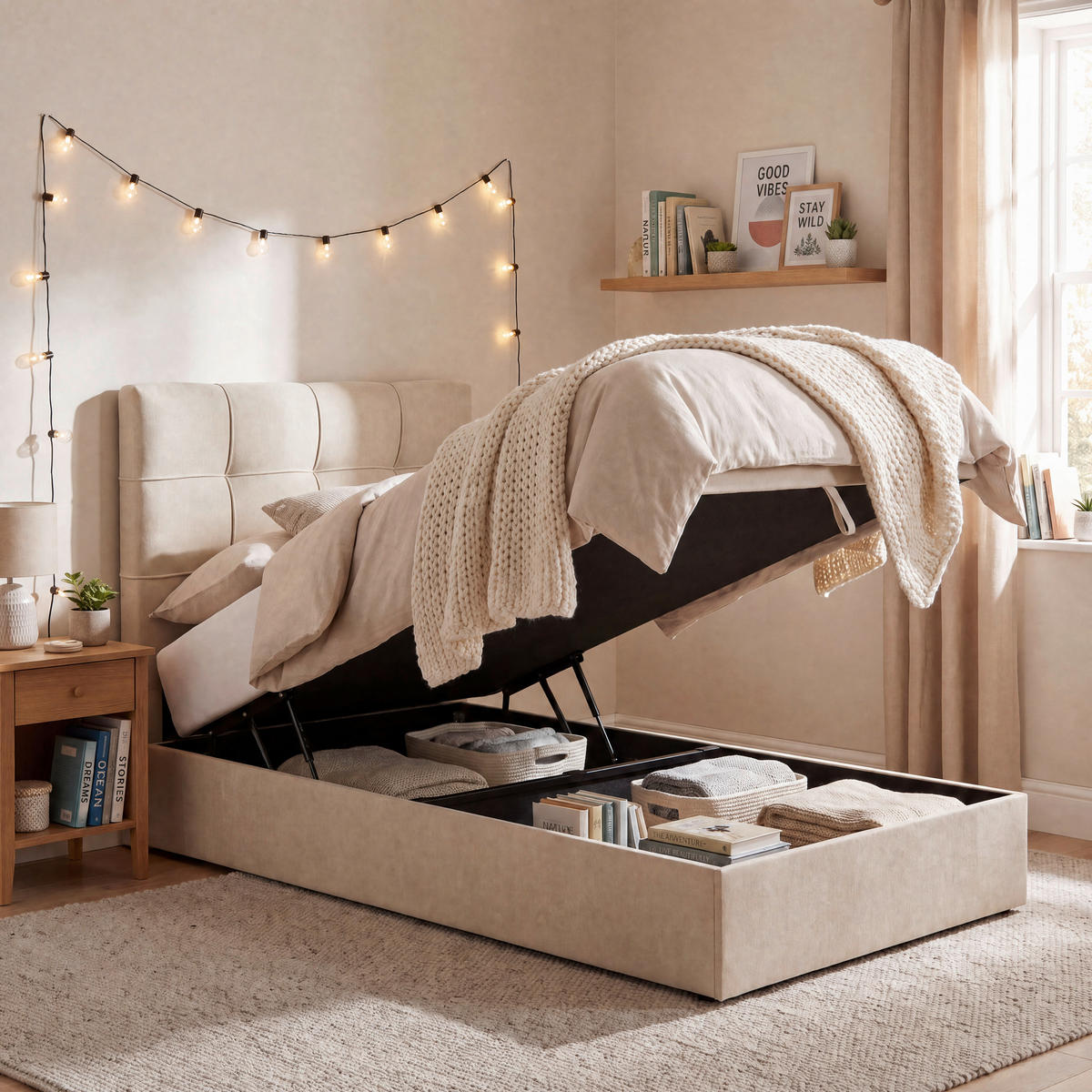 BOXBETT 100/200 cm,  in Beige, Matratze, gepolstertes Kopfteil, Bettkasten, Topper, H3 = fest  - Beige/Schwarz, Basics, Kunststoff/Textil (100/200cm) - Chameo