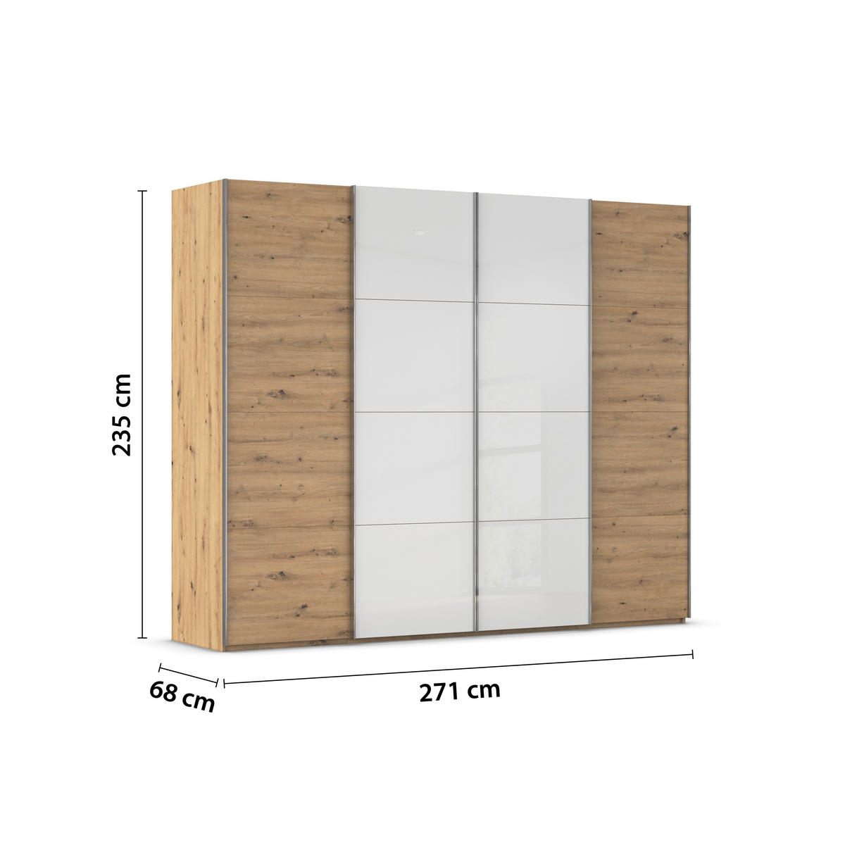 SCHWEBETÜRENSCHRANK 271/235/68 cm 4-türig Weiß, Eiche Artisan  - Chromfarben/Weiß, KONVENTIONELL, Glas/Holzwerkstoff (271/235/68cm) - Novel