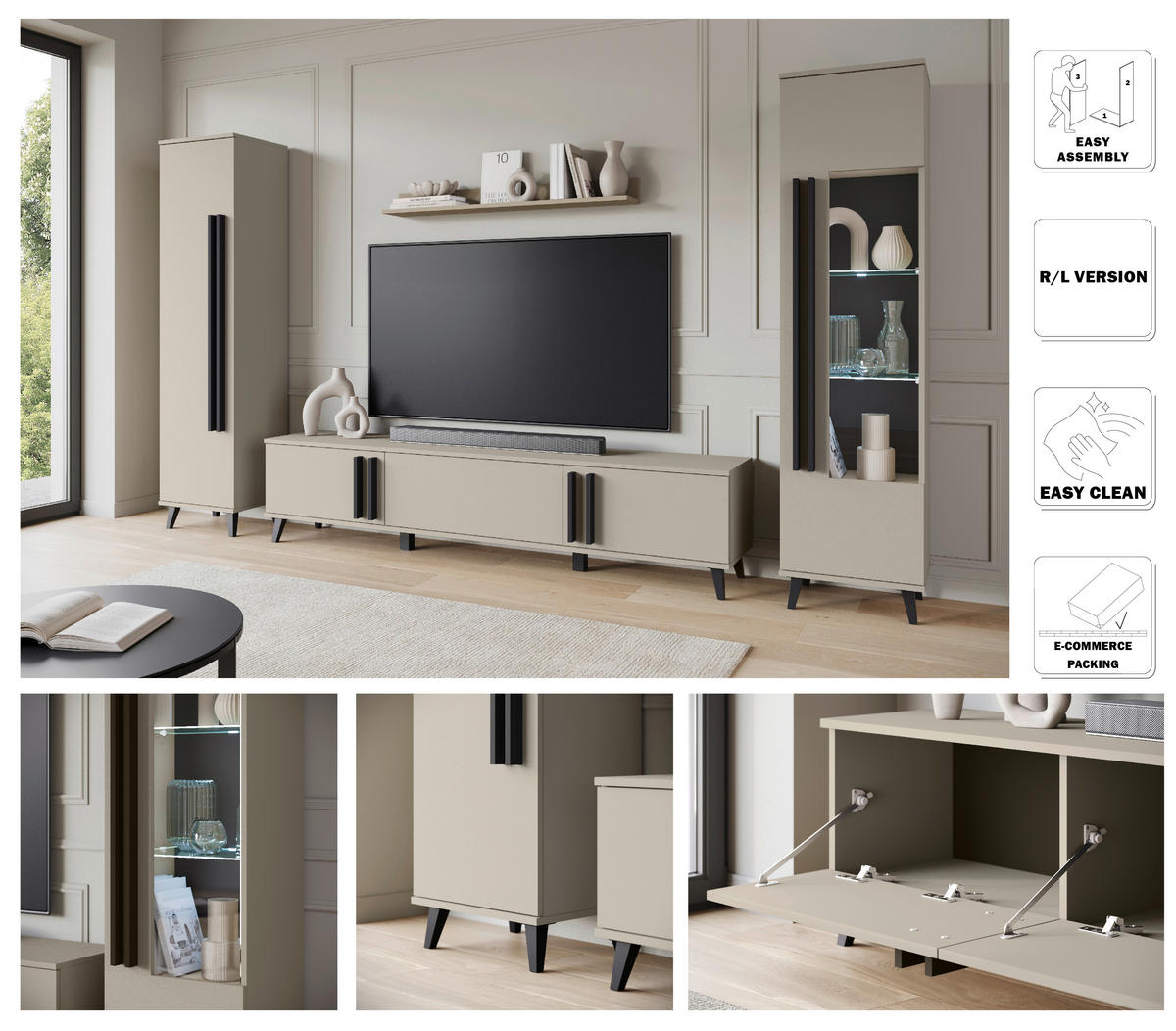 WOHNWAND 4-teilig  in Beige 260/159,5/33 cm  - Beige/Schwarz, Trend, Glas/Holzwerkstoff (260/159,5/33cm)