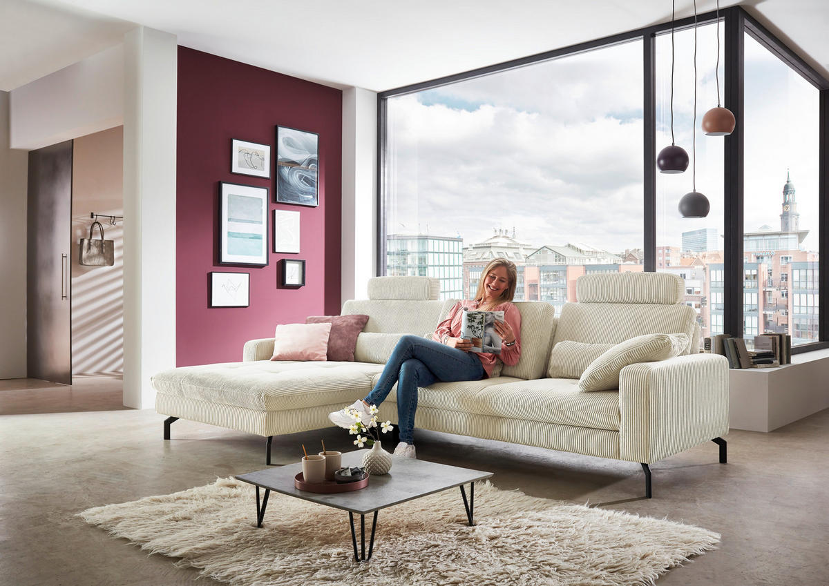 ECKSOFA in Cord Creme  - Creme/Schwarz, Design, Textil/Metall (178/302cm) - Beldomo Style