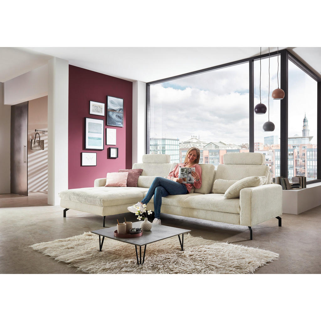 Thumbnail - Carryhome Ecksofa, Creme, Textil, 3-Sitzer, Ottomane links, L-Form, 302x178 cm, Goldenes M, Made in EU, Stoffauswahl, se...