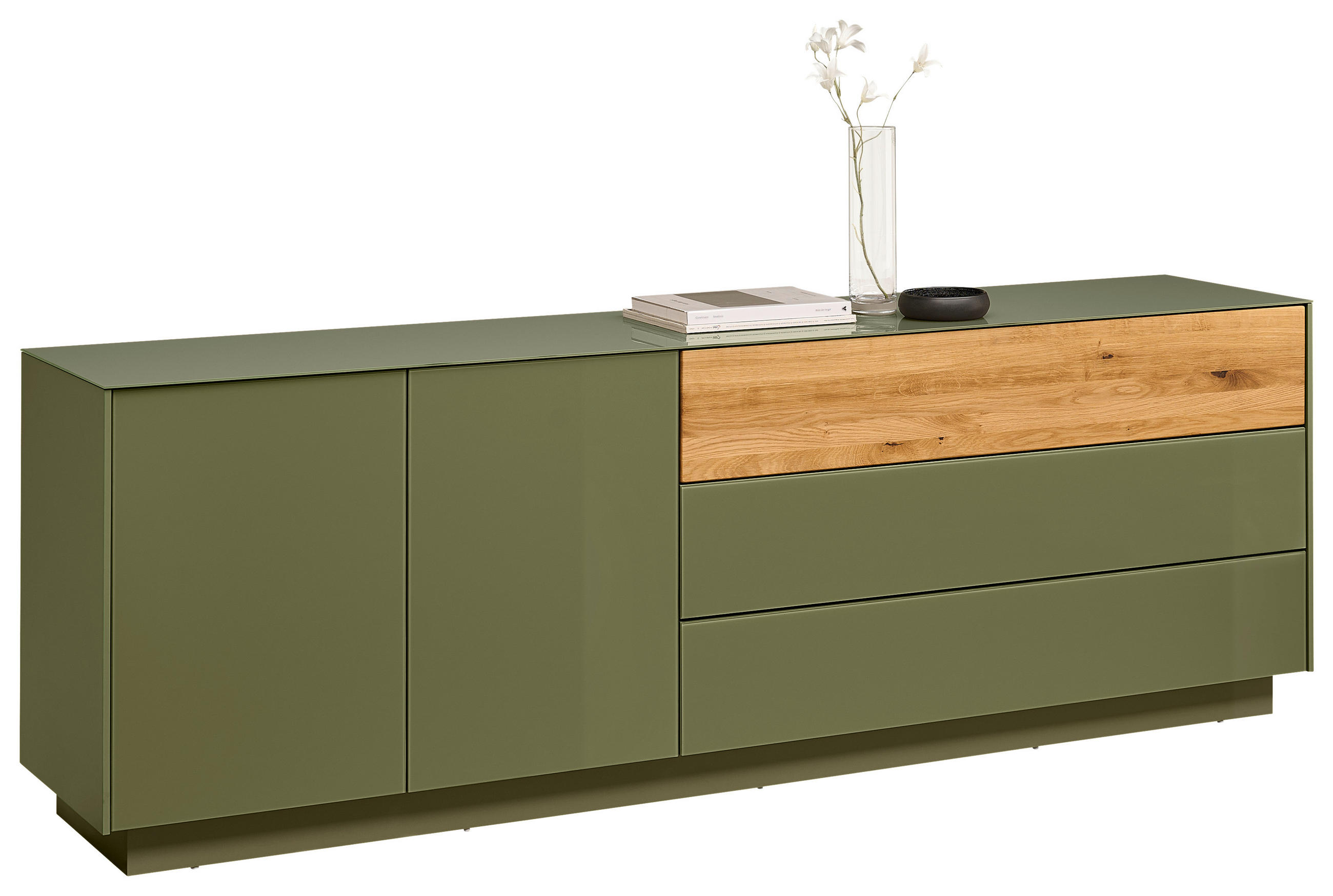 LOWBOARD Triest  in 207/69/42 cm  - Eichefarben/Olivgrün, Design, Glas/Holz (207/69/42cm) - Novel