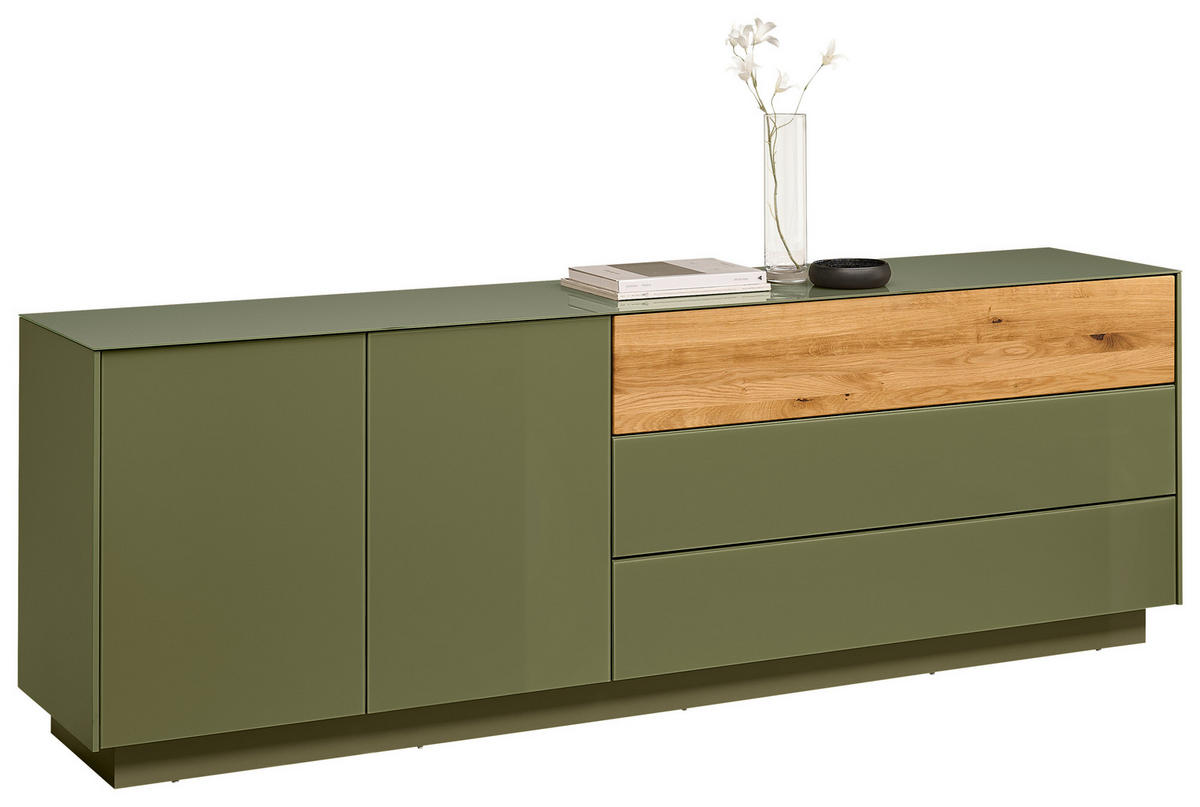 Comodă Joasă 207/69/42 cm  - culoare lemn stejar/măsliniu, Design, sticlă/lemn (207/69/42cm) - Novel