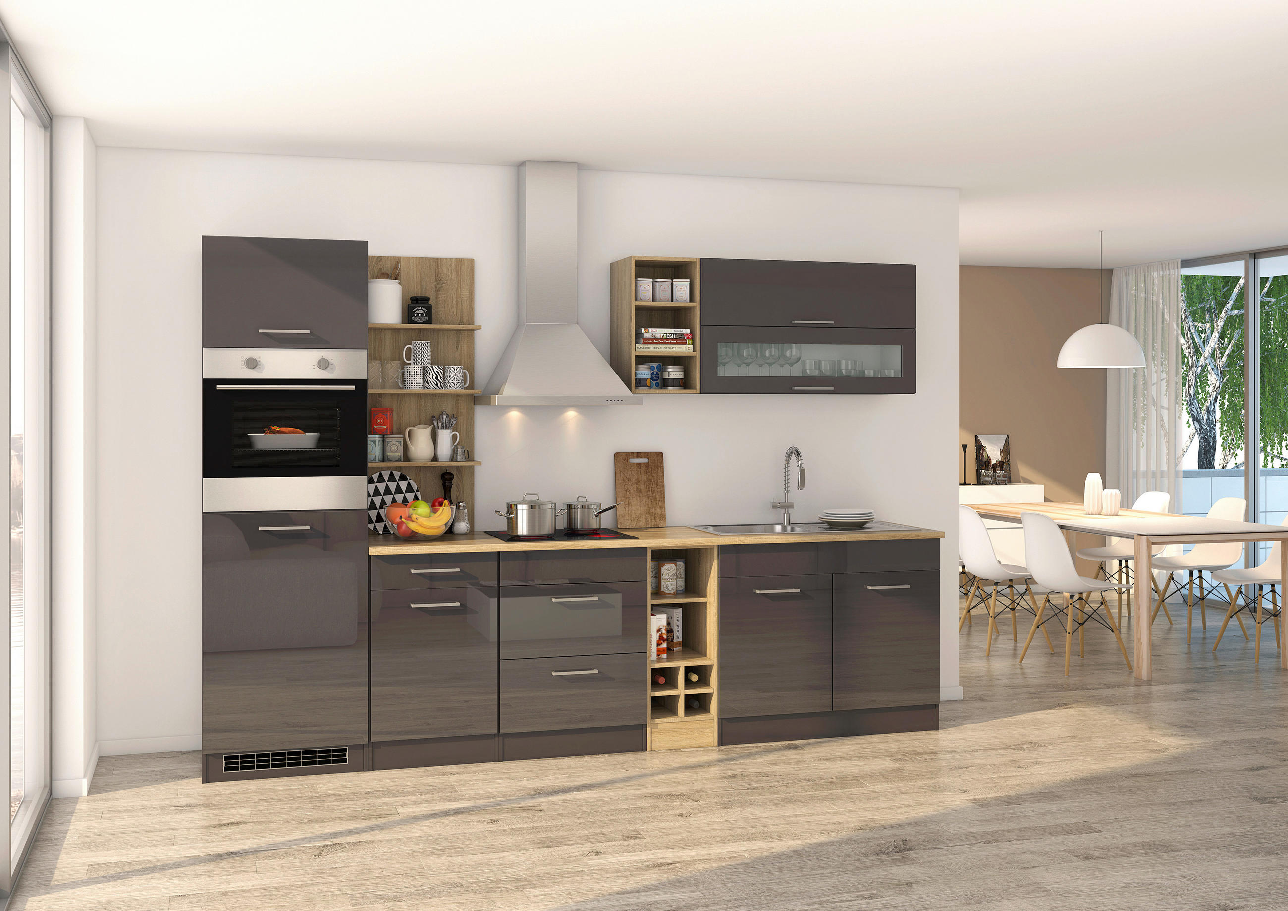 KÜCHENBLOCK 300 cm   in Graphitfarben  - Silberfarben/Graphitfarben, MODERN, Holzwerkstoff/Metall (300cm) - Held