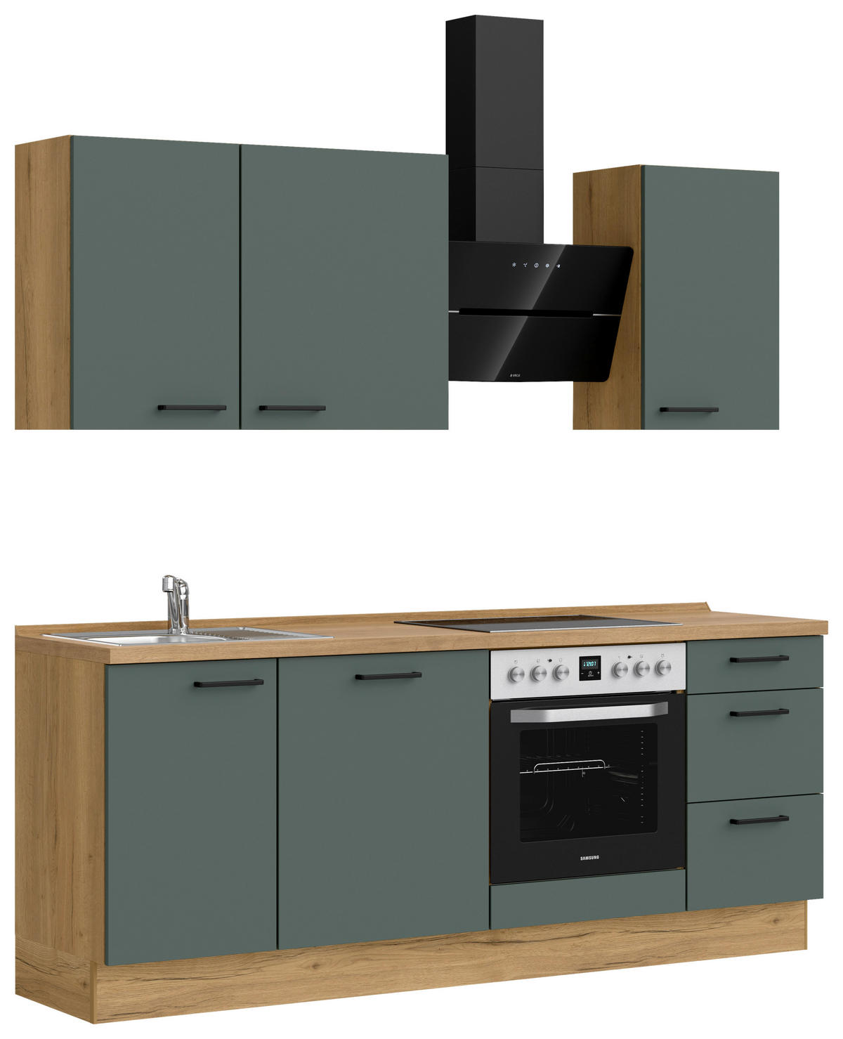 KÜCHENBLOCK 210 cm   in Eichefarben, Dunkelgrün  - Dunkelgrün/Eichefarben, MODERN, Holzwerkstoff/Metall (210cm) - Nobilia