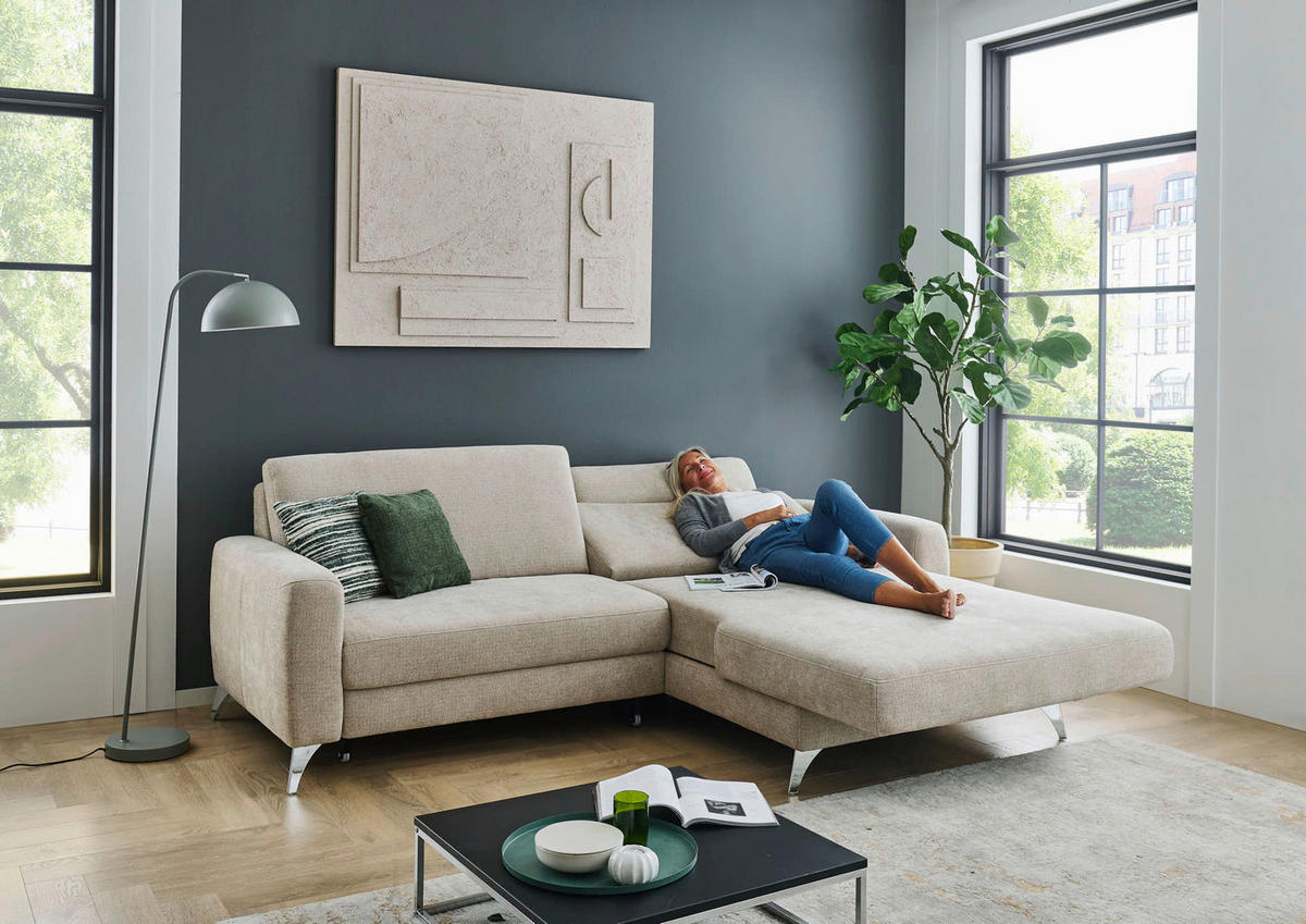 ECKSOFA  Chenille Beige  - Chromfarben/Beige, Design, Textil/Metall (222/167cm) - Beldomo Comfort