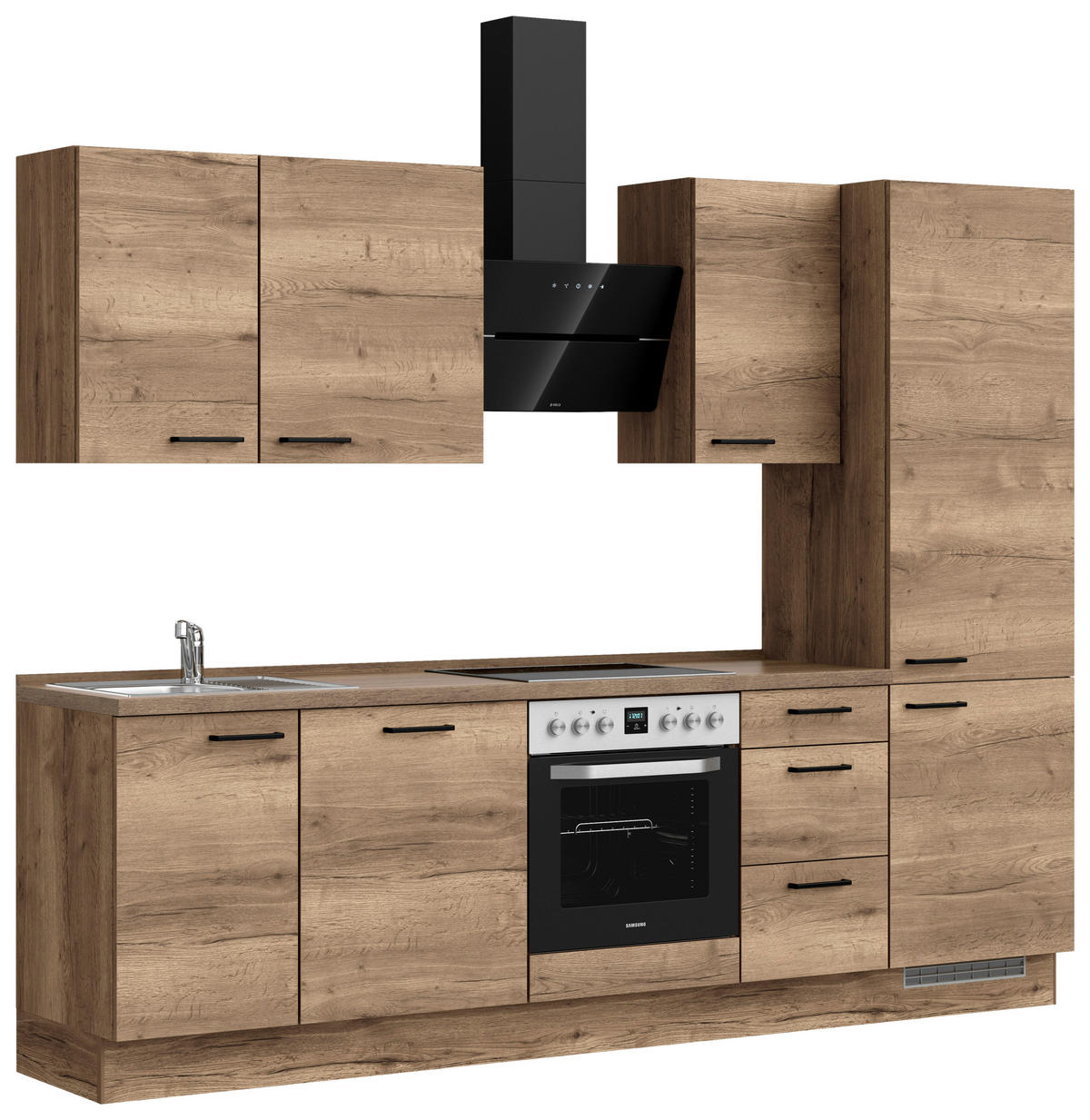 BUCĂTĂRIE FĂRĂ ELECTROCASNICE  - stejar închis la culoare/negru, Modern, metal/material pe bază de lemn (270cm) - Nobilia