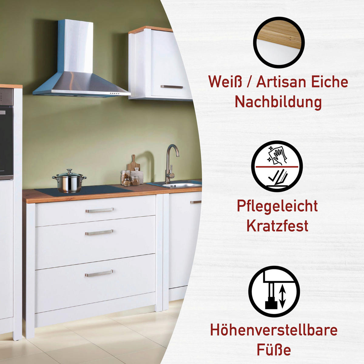 KÜCHENLEERBLOCK   in Weiß, Eiche Artisan  - Silberfarben/Weiß, MODERN, Glas/Holzwerkstoff (370/167/60cm) - home24