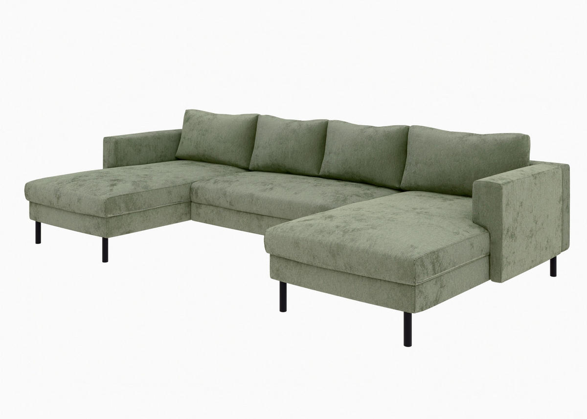 WOHNLANDSCHAFT Grün Cord  - Schwarz/Grün, MODERN, Textil/Metall (161/306/161cm) - Trendmanufaktur