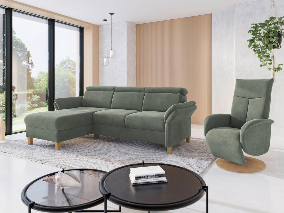 ECKSOFA GLENDALE E Dunkelgrün Flachgewebe  - Dunkelgrün/Eichefarben, KONVENTIONELL, Holz/Textil (166/253cm) - Sit & More