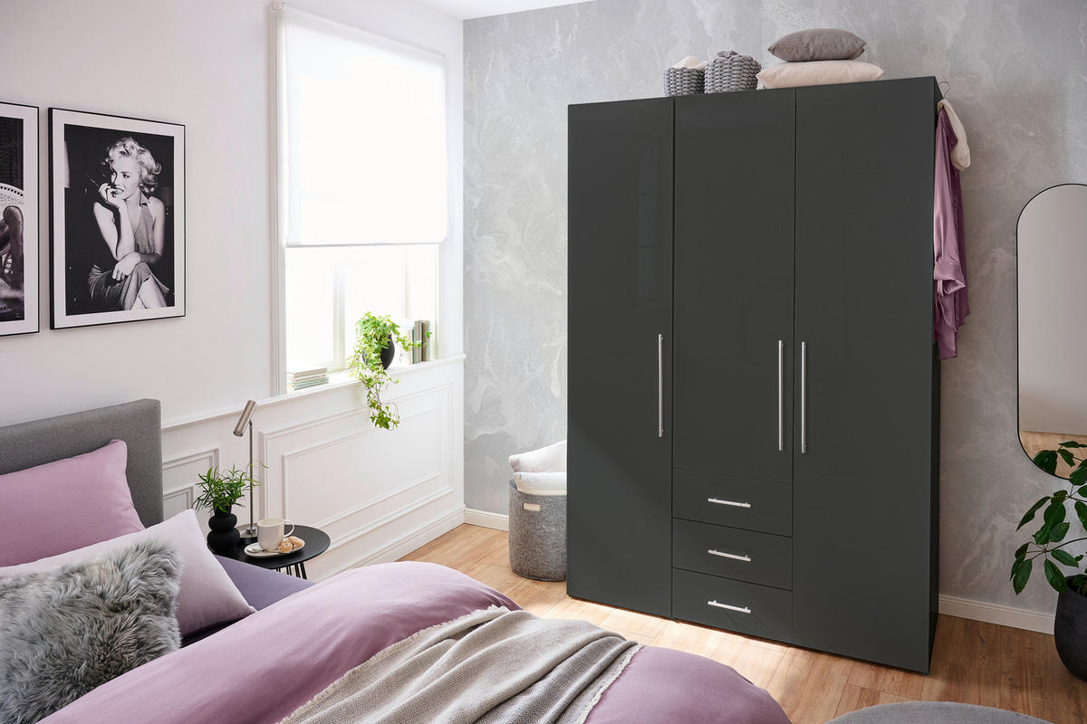 GARDEROB MED GÅNGJÄRN 146,6/218,6/59,5 cm 3-dörrar - aluminiumfärg/antracit högglans, Klassisk, metall/trämaterial (146,6/218,6/59,5cm) - Best Price
