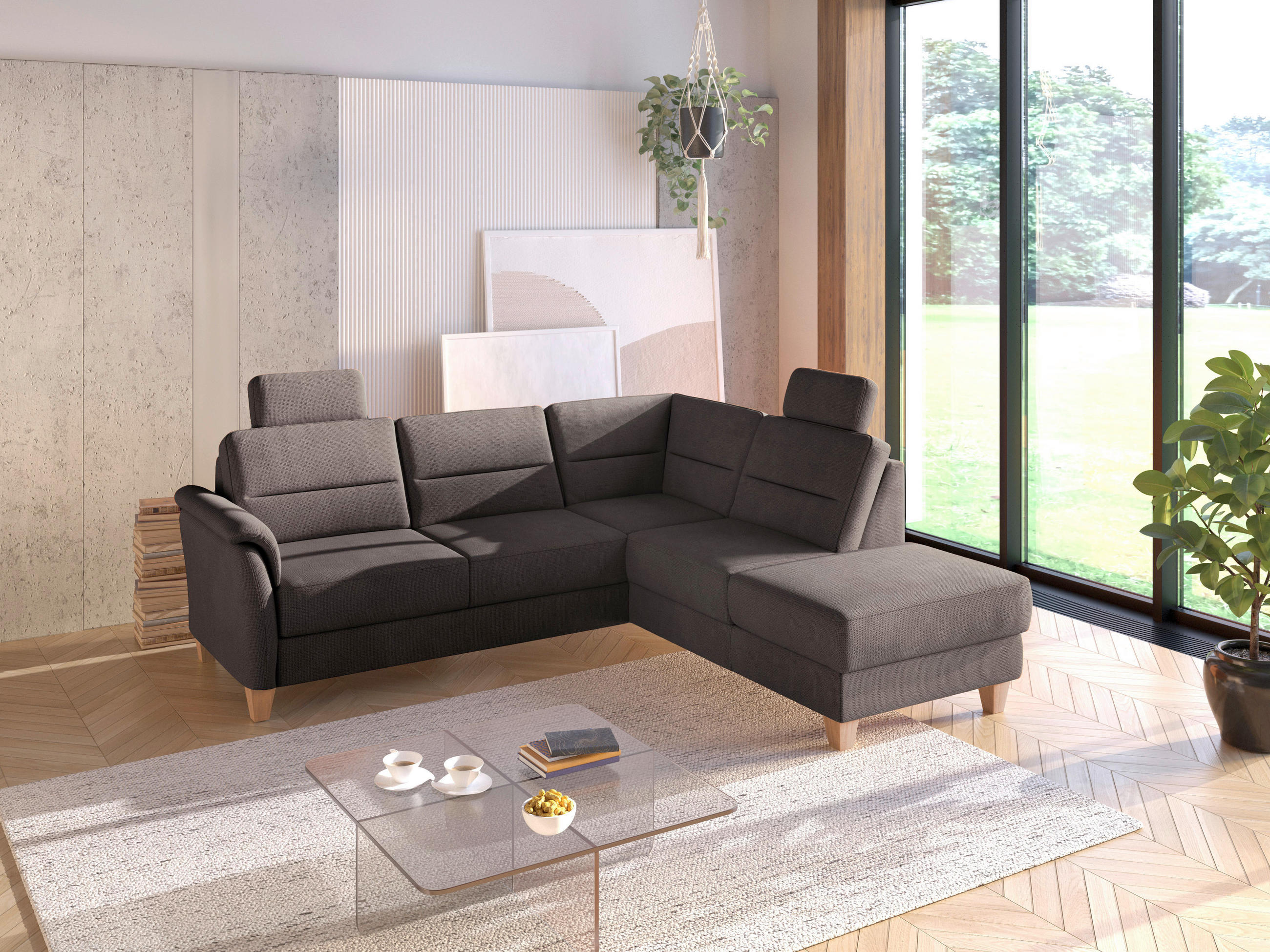 ECKSOFA in Flachgewebe Dunkelbraun  236/212 cm  - Eichefarben/Dunkelbraun, KONVENTIONELL, Holz/Textil (236/212cm) - Sit & More