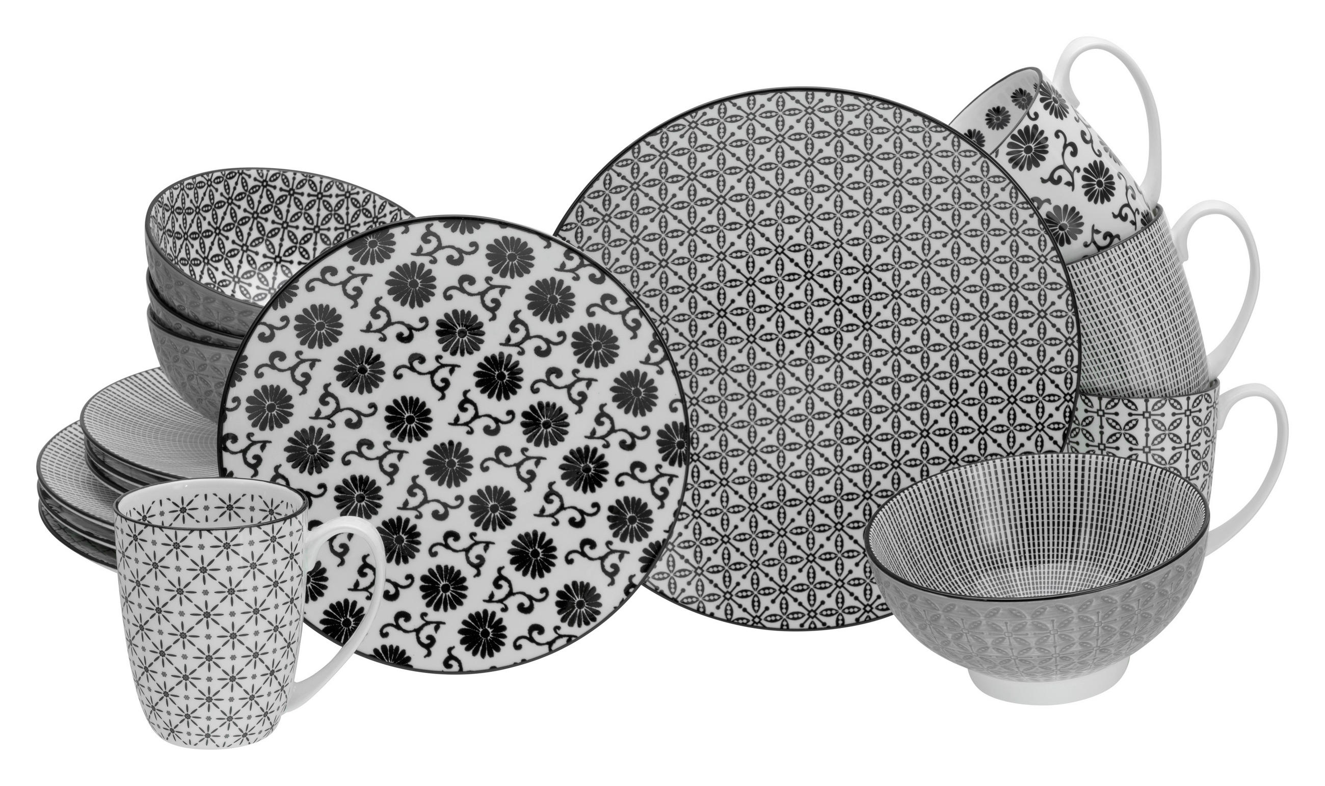 KOMBISERVICE Schwarz, Weiß Luna Black Line 16-teilig 4 Personen  - Schwarz/Weiß, Basics, Keramik - Creatable