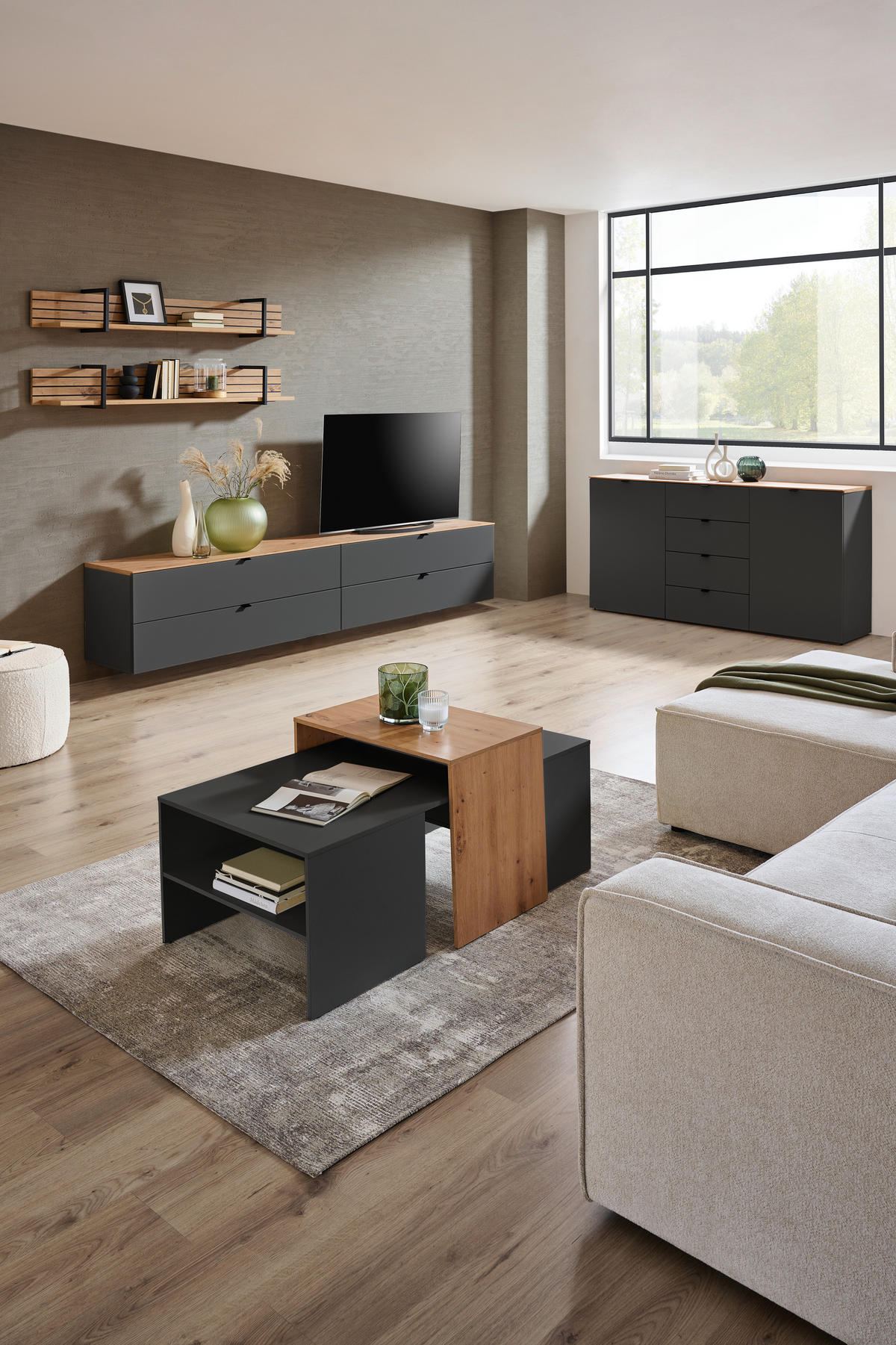 TV DIEL, grafitová, dub artisan, 140/62/44 cm - čierna/grafitová, Modern, kov/kompozitné drevo (140/62/44cm) - Hom`in
