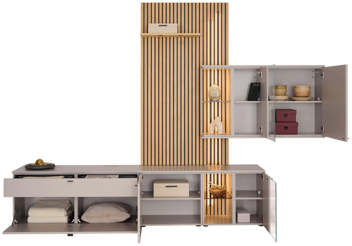 WOHNWAND  Wildeiche, Seidengrau 300/224/43 cm  - Wildeiche/Anthrazit, Design, Glas/Holz (300/224/43cm) - Venjakob