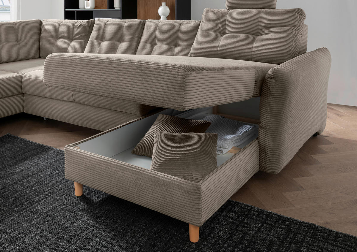 WOHNLANDSCHAFT Graubraun Cord  - Graubraun/Naturfarben, MODERN, Holz/Textil (206/338-352/176cm) - Livetastic