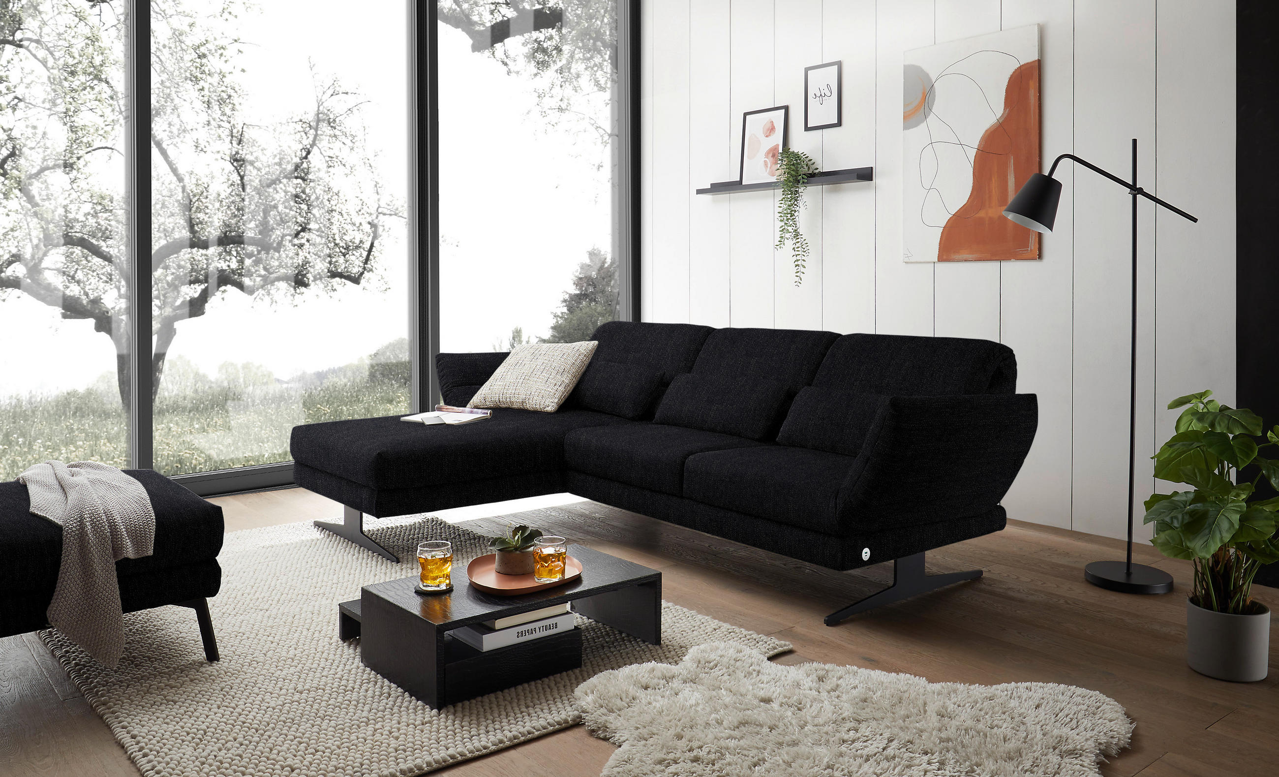 ECKSOFA in Flachgewebe Schwarz  176-217/279-327 cm  - Schwarz, Design, Textil/Metall (176-217/279-327cm) - Dieter Knoll