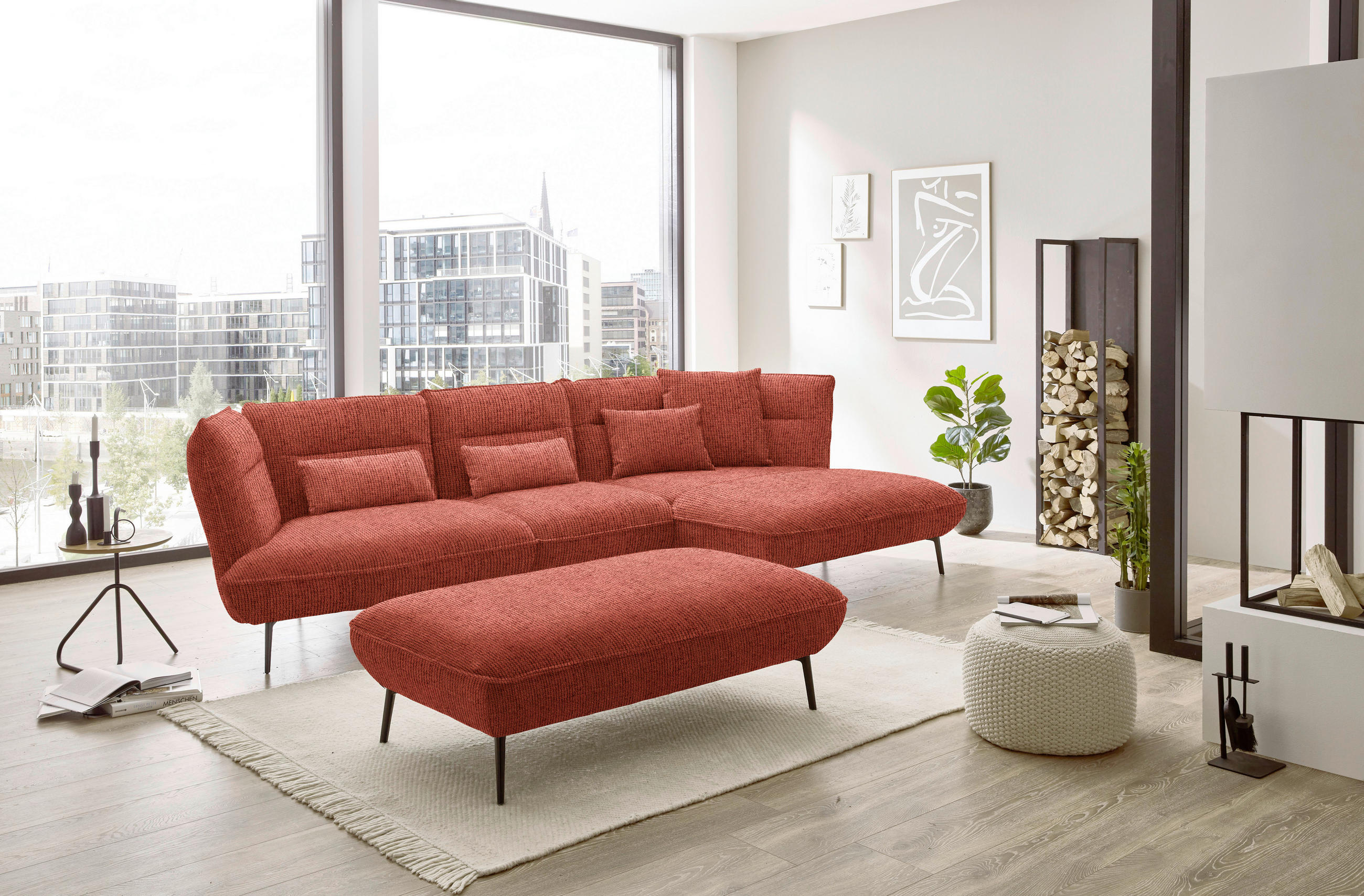 ECKSOFA in Flachgewebe Kupferfarben  - Schwarz/Kupferfarben, Design, Textil/Metall (339/153cm) - Moderano