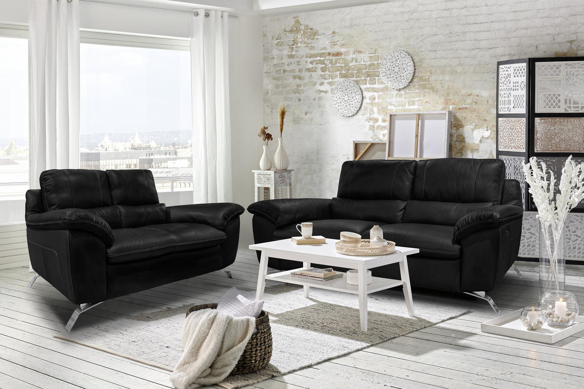 2,5-SITZER mit Relaxfunktion in Kombination Echtleder/Lederlook Schwarz  - Silberfarben/Schwarz, Design, Leder/Metall (216/97/95-151cm) - Livetastic