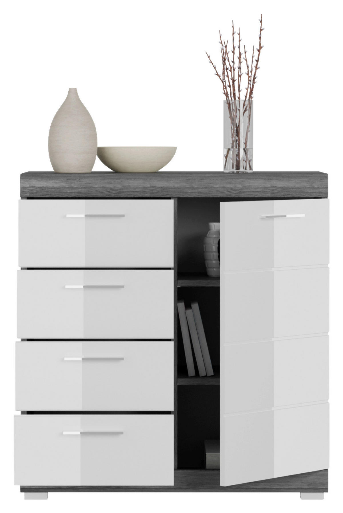 KOMODA, tmavě šedá, vysoce lesklá bílá, 80/85/37 cm - tmavě šedá/barvy chromu, Design, kompozitní dřevo/plast (80/85/37cm) - MID.YOU