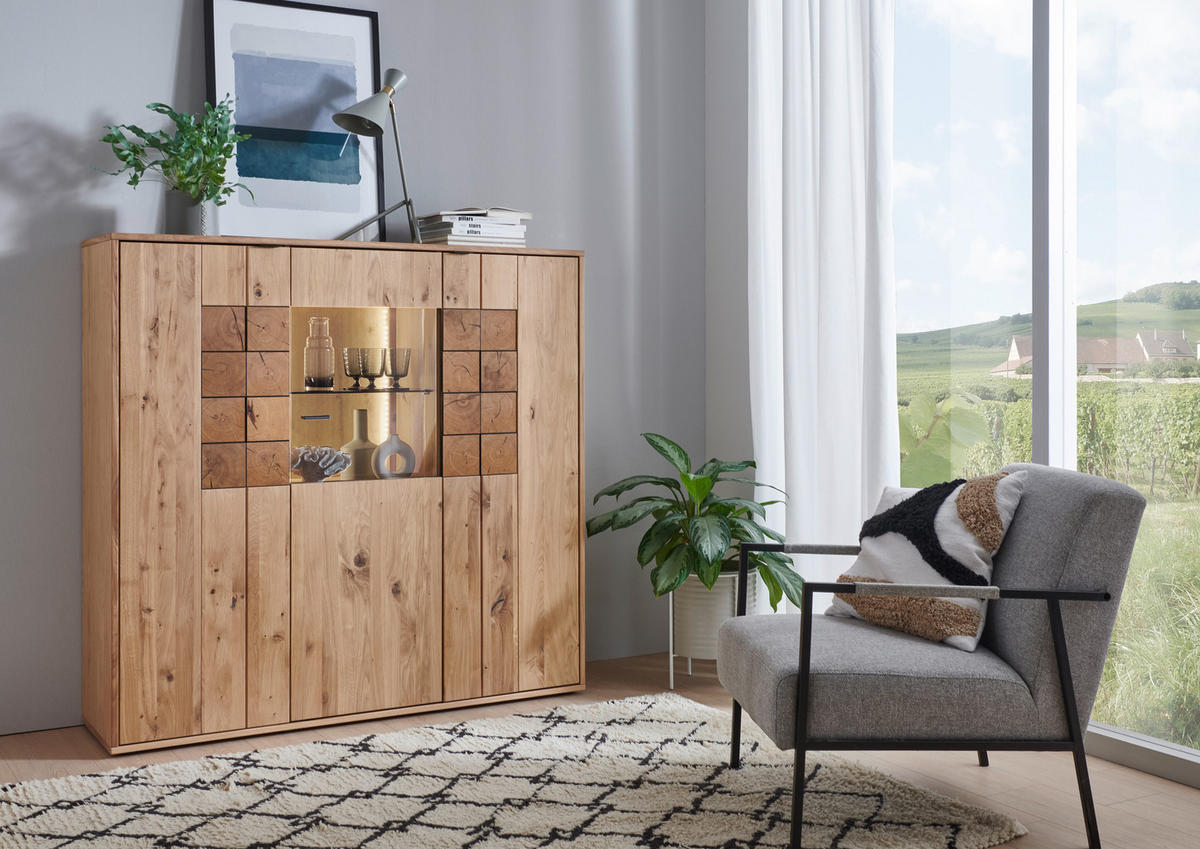 HIGHBOARD Alteiche  139,1/133,7/37,4 cm  - Alteiche/Anthrazit, Konventionell, Glas/Holz (139,1/133,7/37,4cm) - Linea Natura